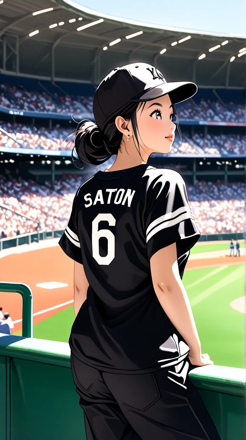 ((Best Quality)), ((masterpiece)), ( details), Woman in black baseball jersey, watching a game. Full shot of a woman, mid-20s to 30s, Asian ethnicity, wearing a black baseball jersey with white stripes on the sleeves and a large white number "66" on the back, and the letters "k. SAITOH" above it. Casual, relaxed pose, looking out at a large, full stadium filled with spectators, with a vibrant green field. Light and natural outdoor lighting. Perspective is from a seat within the stadium, looking at the field and spectators. The background is filled with a multitude of spectators, mostly in casual clothing. High-angle view of a large baseball stadium. The atmosphere is energetic and casual, capturing a sporting event, with a focus on enjoyment and fan engagement. Daytime light, vivid colors, and well-defined subject within the image. The setting is a baseball stadium, with a large open space and stands of spectators filled with activity. The jersey material appears to be a breathable, lightweight fabric.