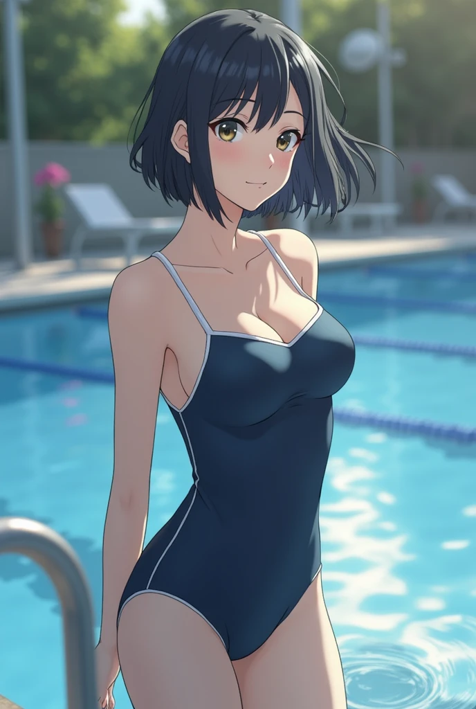 very cute and beautiful girl,(highly detailed beautiful face),(blue school swimsuit),
sitting,spread legs,looking at viewer,pool side,flowers in planters,(smile),black hair,
(best quality,masterpiece:1.0),absurdres,highres,ultra-detailed,extremely detailed,32k,
cinematic scene,detailed background,solo,dynamic angle,
hair fluttering in the wind,beautiful detailed sky,realistic,
