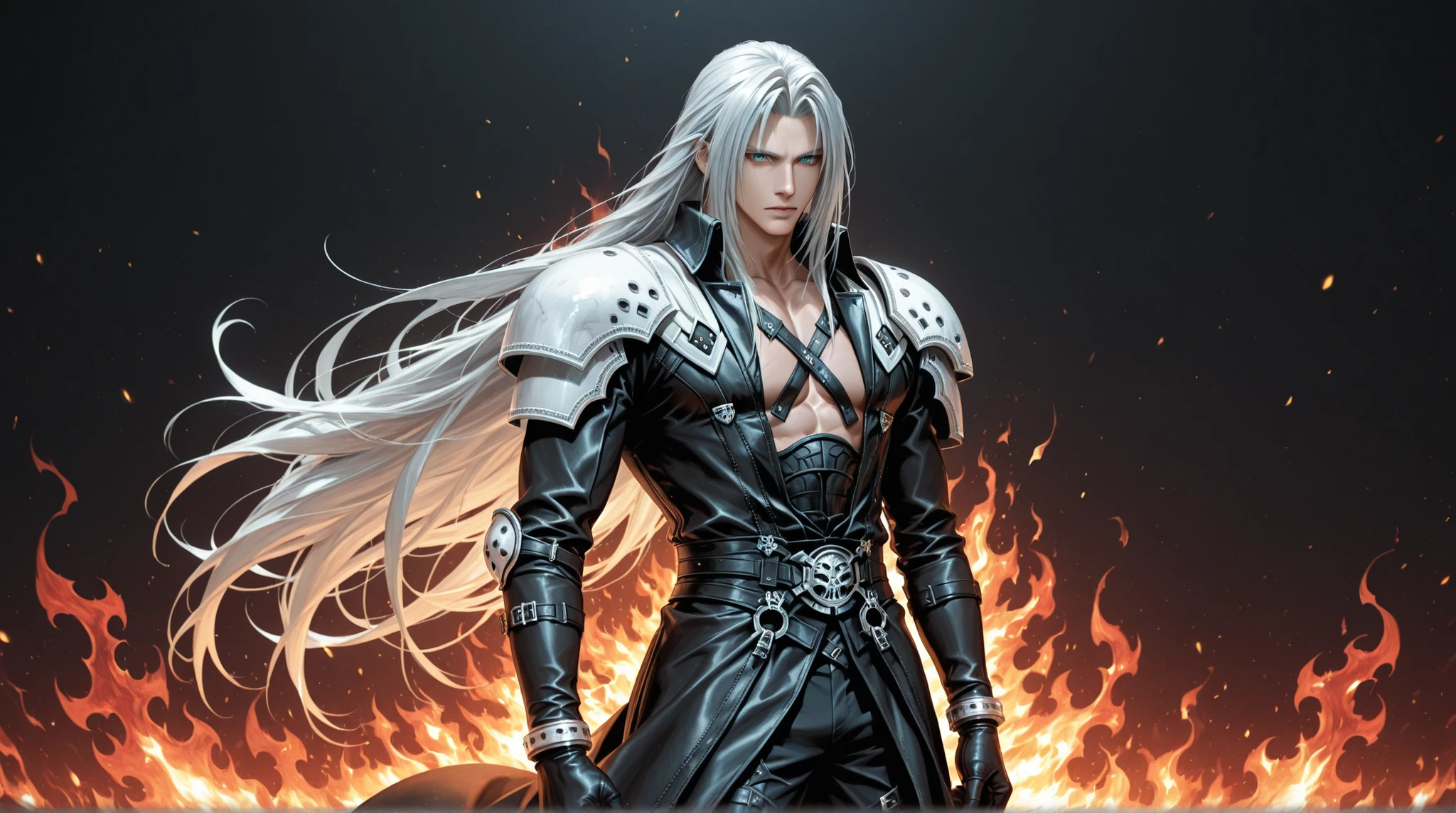 1boy,male, Sephiroth final fantasy, long hair, Silver hair, long black jacket, black pants, armor, shoulder pads, background of flames, wallpaper, extremely detailed, masterpiece, best quality,absurdres