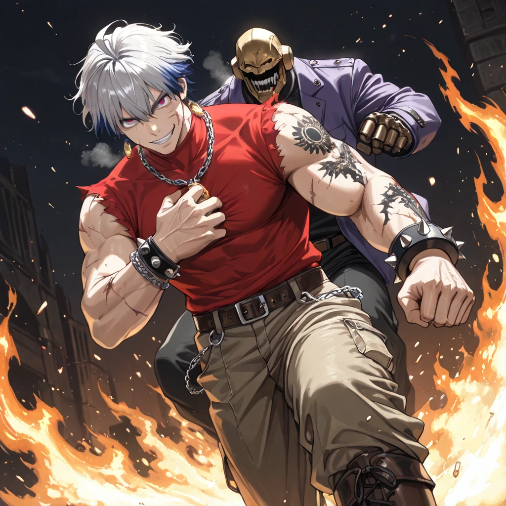 (masterpiece, best quality:1.2), 1boy, solo, bara, penis, muscular, erection, biceps, fullbody, large pectorals, big muscles, thick, ragna the bloodedge, red eyes, green eyes, heterochromia, white hair, short hair, spiked hair, 1boy, red jacket, open jacket, black shirt, belt, black gloves, black hakama, 4k, unzipped pants, penis out of pantsm awesome muscles, very buffed, thick arms,