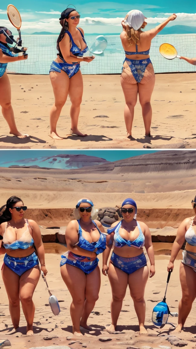 Dominican curly hair burgundy hair colored to woman, mature, 60-year-old in a  skin tight lace bikini pressing on her body , standing tall at a beach. coconuts and dogs admiring her beautiful body