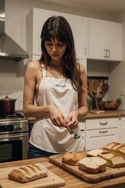 The same woman cooking, with kitchen clothes