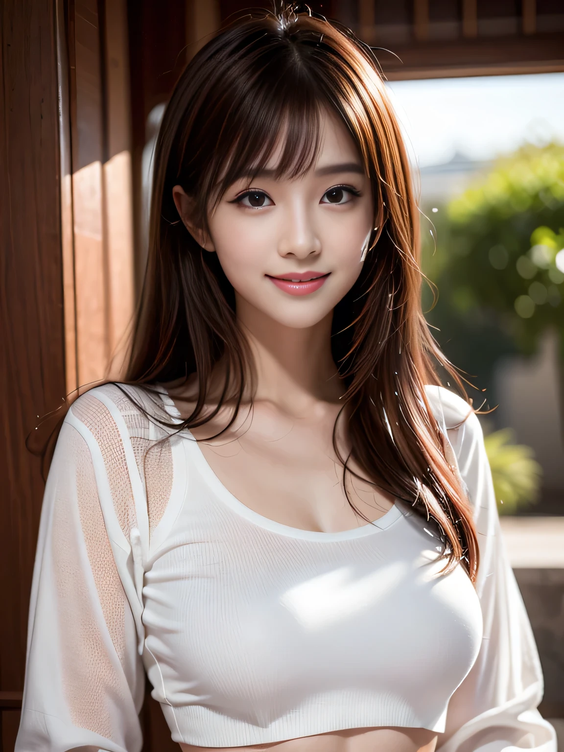 high resolution, 1 beautiful young woman, 20 years old, 8k,best quality, masterpiece, ultra high res,(photorealistic:1.4), RAW photo, (fair skin:1.2), wearing a white clothes, 85mm lens,f/8.0, background, gyaru, brown hair, Perfect female body, looking at viewer, beautiful eyes ((white shirt)), (cleavage:0.9), (cute:1.2), ((jpop idol)), (upper thigh:0.6), (depth of field),soft light, Lens Glow, full body, (neat Lady:1.2)