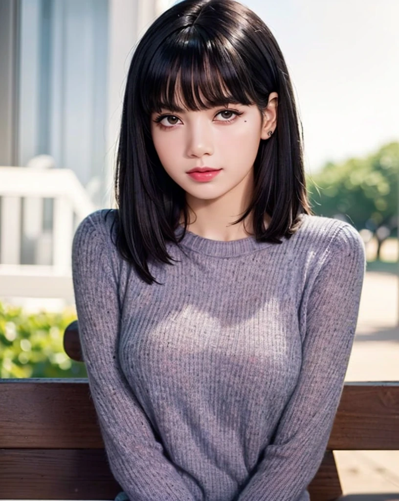 pureerosface_v1:0.3, best quality, photorealistic, 8k, high res, full color, 1girl, woman, 20 years old woman, (closed mouth:1.43), (skindentation), (portrait:0.6), trees, park bench, daylight, ((park background:1.52)), full color, ((necksweater:1.68)), looking at viewer:1.8, (1girl eyes looking at viewer:1.55), (medium-length hair, brownhair, partedbangs:1.45), (bokeh), <lora:AAW-lisa:0.65>