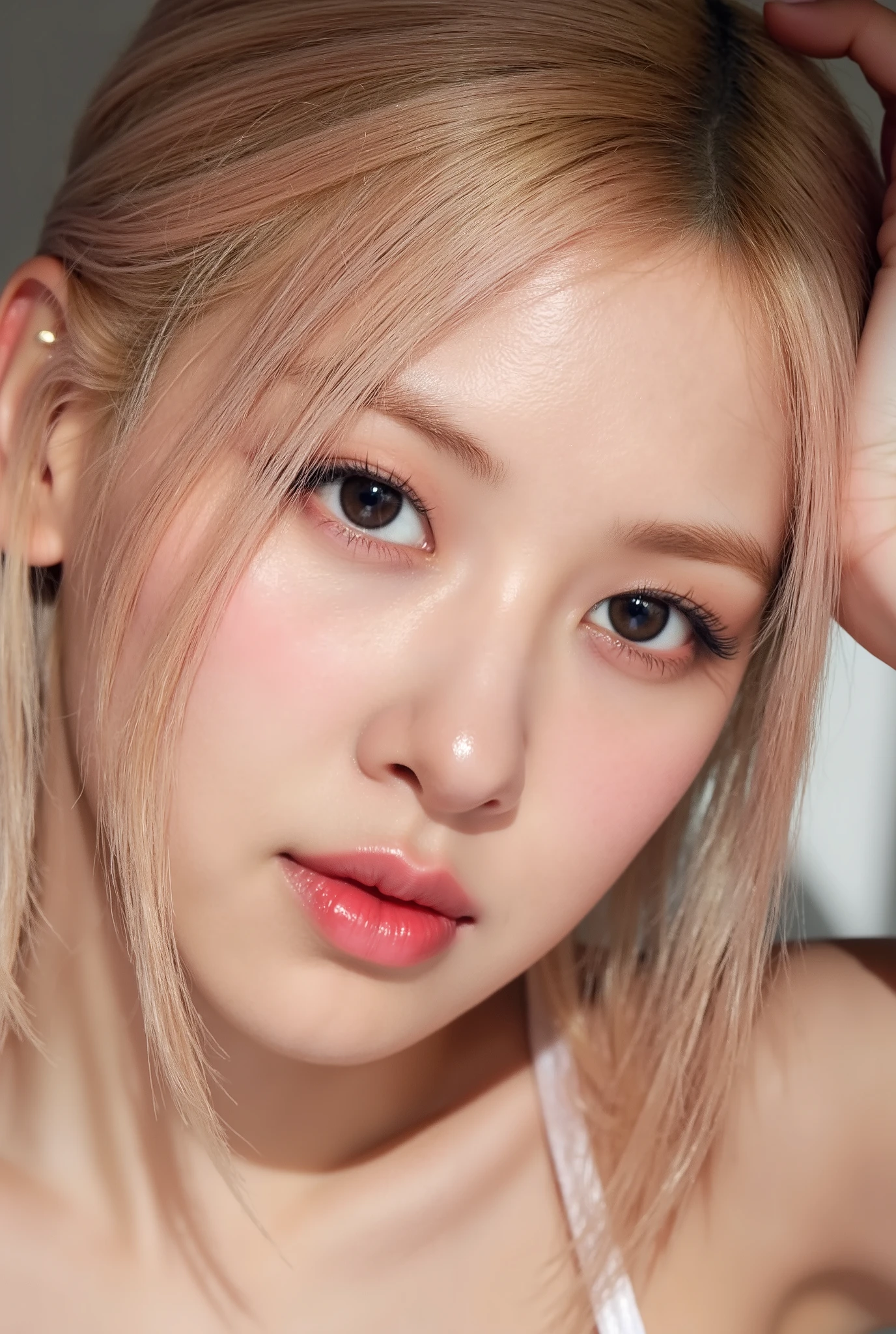 ReA listic (photoreA listic ReA lism), (high resolution), ((intricA tely detA iled digitA l A rt)), professionA l photogrA phy, ((portrA it)) A  [[Rosé from blA ckpink ]], (ultrA  reA listic texture detA ils:   velvety skin  , hA ir),(close- up eyes :1.3),((shA rp focus,  blurry , high resolution, A bsurd quA lity, ReA listic brown_eyes :1.4), intricA tely detA iled:1.3), ((extremely fine detA ils eyes )), ((extrA  nA rrow eyebrows)), (CA refully drA w Long eyelA shes), (perfect round eyes :1.3), (finely detA iled pupils:1.3), ((extremely fine detA ils pupils:1.3)), ((extremely fine detA ils iris of the eyes :1.3)), ( Shining , stunning, VibrA nt eyes :1.2), (professionA l mA keup:1.4), ((perfect eyes hA dows:1.4)), detA iled lips:1.3, (A pply glossy red_lipstick :1.34), (pink _mA keup:1.3), (beA utiful little nose), (perfect proportions :1.2),(smA ll heA d),(A nA tomicA lly correct), perfect femA le body, (firm A nd full breA sts), (Super beA utiful), (vivid A nd colorful), The A ttention to detA il,  girl's focus , dynA mic pose, sexy A nd seductive,  flirty smile , dslr, high quA lity split lighting, shA rp focus cA ptured by Fujifilm XT3, f 5.6, in A  drA mA tic lighting. (perfect composition), (Style your hA ir, Long HA ir, blonde , My hA ir is messy, ((pink )) highlights , hA s hA ir on one eye), choker , ((Brick wA ll, GrA ffiti)), (plus size shirts, Off shoulder , trA nspA rent white shirt), exquisite bA lA nce of shA dows, look A t the viewer,