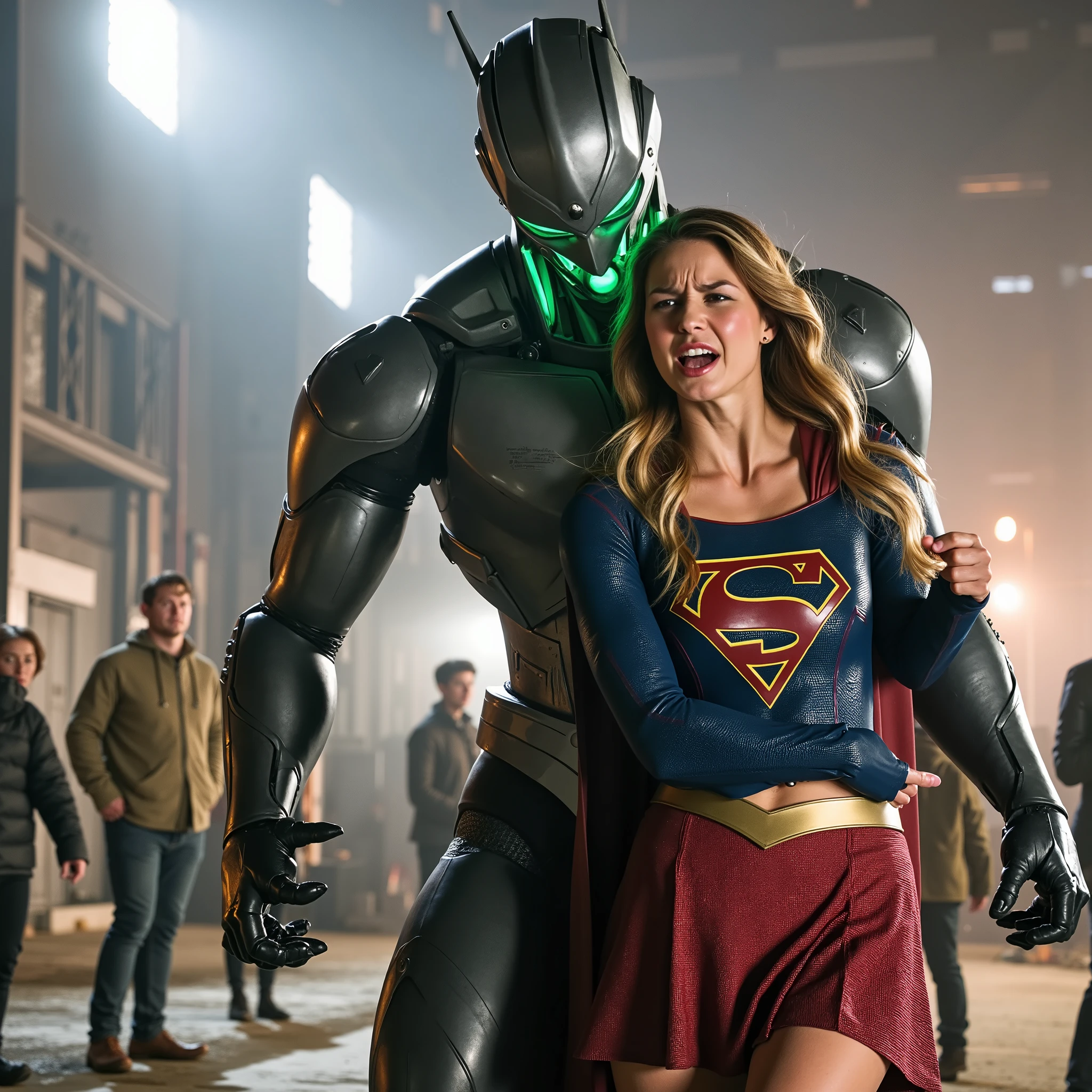 Melissa Benoist as Supergirl, (a very short skirt), fighting with an enemy, she is defeated by Lex Luther the robot, a green lighting collar on Supergirl neck, painful face, (screaming in pain), Lex Luther is a strong big robot, he is carrying her body, ((he pull her skirt up and touch her crotch)), whole body from head to feet are visible, in the factory, night time, bright spot lighting,