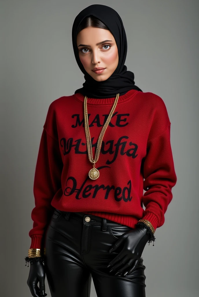 A woman wearing Muslim clothes,sticking out his tongue.