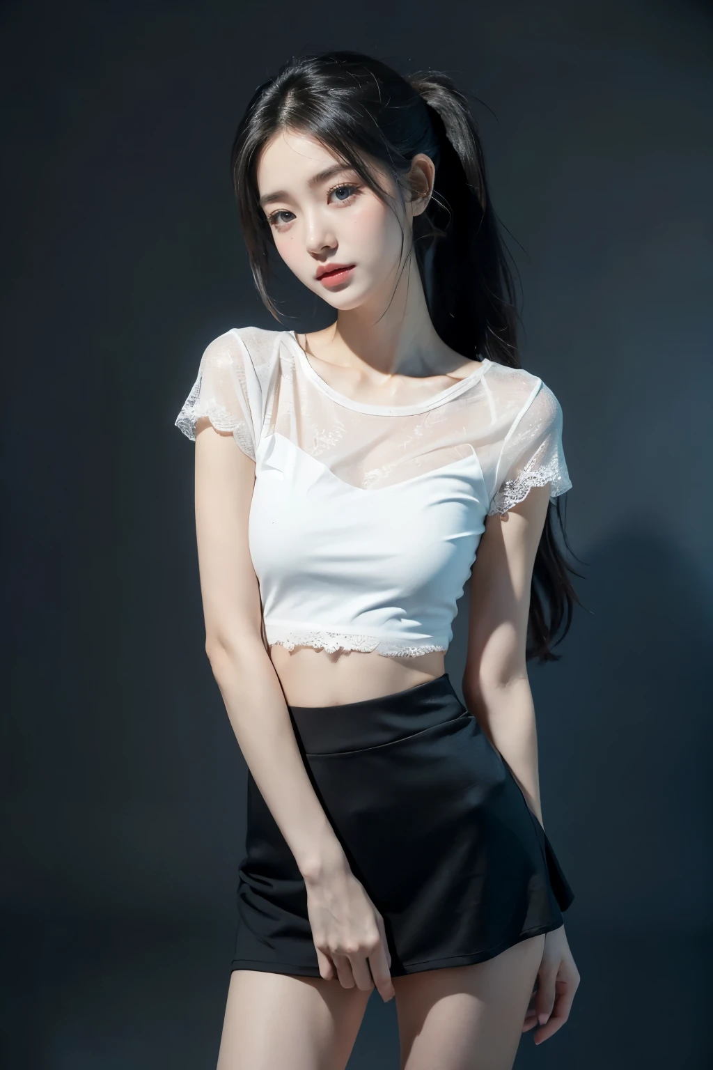 1 person only, 8K RAW photos, 22-year-old Korean model ,167cm, slim body , perfect breasts ,fair skin, soft body, loose skirt with long sleeves , eyes beautiful in detail, beautiful double eyelids, slit eyes, long black ponytails