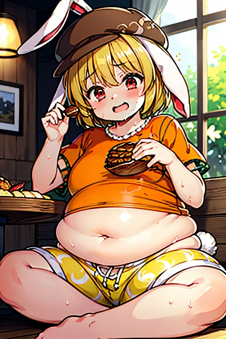 ringo \(touhou\), 1girl,hat, flat cap,rabbit ears,blonde hair,short hair,,red eyes, blonde hair,orange shirt,yellow shorts, navel, yellow shorts, short sleeves, fat, plump, big exposed belly, sitting, wet shorts, peeing, piss, pee puddle, urin, tons of fluids, moaning