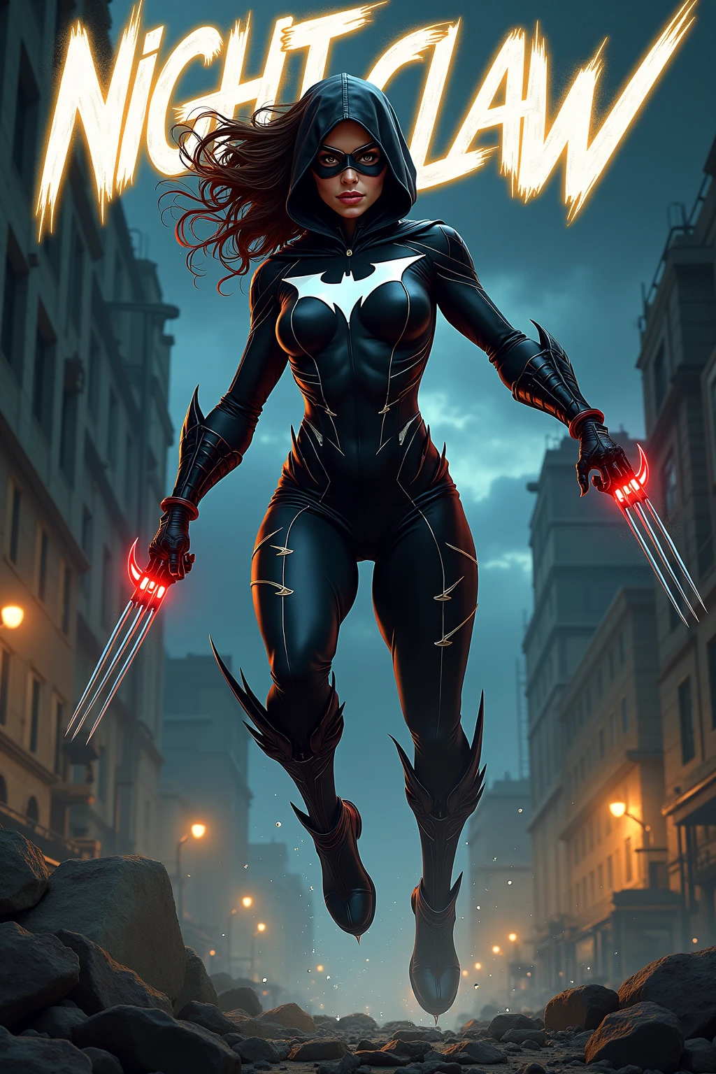 (Best Quality,4K,High resolution), Dark Hero，Superhumanization、(Best Quality,4K,High resolution)，transform,An abnormal，sharp eye，Red glowing eyes，Facial expression enhancement，，Changing the Appearance of a Transform，Destroy the ground with your fists，POWERGIRL、Spread your fists、buttle，Reproduce delicate and realistic skin texture in detail，Realistically reproduced muscles、Texture、Realistic portrayal，Vibrant colors，expresive，Classic background(Best Quality,4K,High resolution), Comical appearance，(Best Quality,4K,High resolution), 18yo woman, Red highlights on black hair, Long hair, Straight hair, Cool Woman,Superhumanization，Cold eyes ,sharp eye，Red and black décor with intricate décor、ripped clothing，comic strip，animesque，Comical illustration，busy，Deformed cute illustration，Full body projection，Doomsday World，Fighting，Dark worldview，Delicately reproduced dynamism、Combat stance