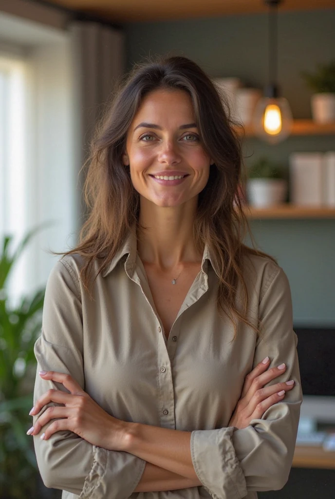 Create a realistic image of a woman who is 40 years old. She has a confident and calm demeanor, with a gentle smile. Her skin shows subtle signs of aging with fine lines around her eyes and a natural, healthy complexion. She has shoulder-length, dark brown hair with a few strands of gray. Her eyes are warm and expressive, with a touch of wisdom. She is dressed in a casual but elegant outfit, like a simple blouse and jeans, standing in a softly lit, modern living room. The background is slightly blurred, keeping the focus on her face and expression."