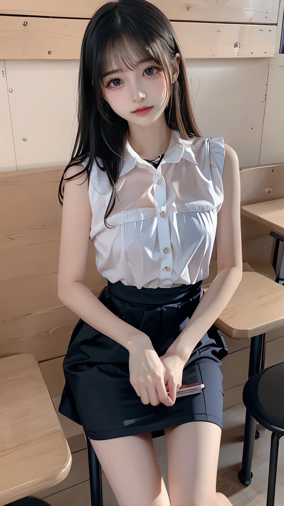 (Tabletop、Highest quality、8K、Award-winning works、Ultra-high resolution)、One beautiful woman、(The most elegant sleeveless button-up collar blouse made of polyester.:1.2)、(White Sleeveless Polyester Blouse:1.2)、that&#39;s right、(Bare arms:1.1)、(Show me your armpits:1.1)、(Exposing hairy armpits:1.5)、(Very long and thick armpit hair:1.5)、(Long armpit hair is visible in large amounts:1.5)、(very bright and vivid:1.1)、(Very bright and beautiful skin:1.1)、(Voluptuous body:1.2)、(Very large breasts:1.2)、(Accentuate your body lines:1.1)、wood々Beautiful sunlight shining through the gap、Great cinema lighting、Strongly blurred background of a large park、(Accurate anatomy:1.2)、Ultra HD Hair、Ultra-high resolutionの完璧な美しい歯、Ultra-high definition beauty face、Ultra HD Hair、Ultra HD Shining Eyes、輝くUltra-high resolutionの美肌、Ultra-high resolutionの艶やかな唇、Great cinema lighting、Most romantic、The best smile、(Face close-up:1.3)、(Woman close up&#39;Face with armpit hair:1.3)
