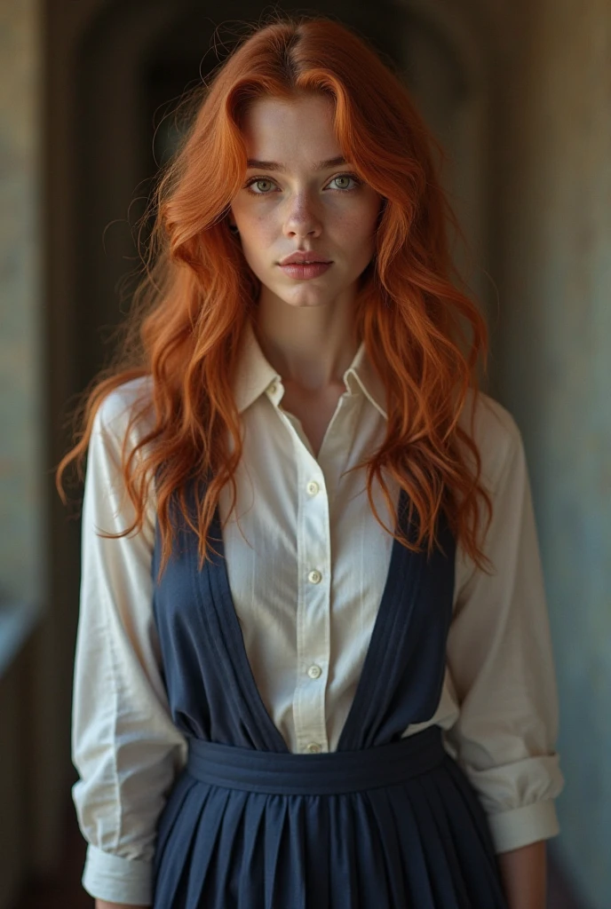 A red-haired girl in a white blouse and a red leather skirt, beautiful young model, model, inspired by Ignacy Witkiewicz, inspired by Irakli Nadar, alexey egorov, film suit photo, cute young girl, LUTS, young girl, frown model, russian white clothes, Style of Julia Razumova