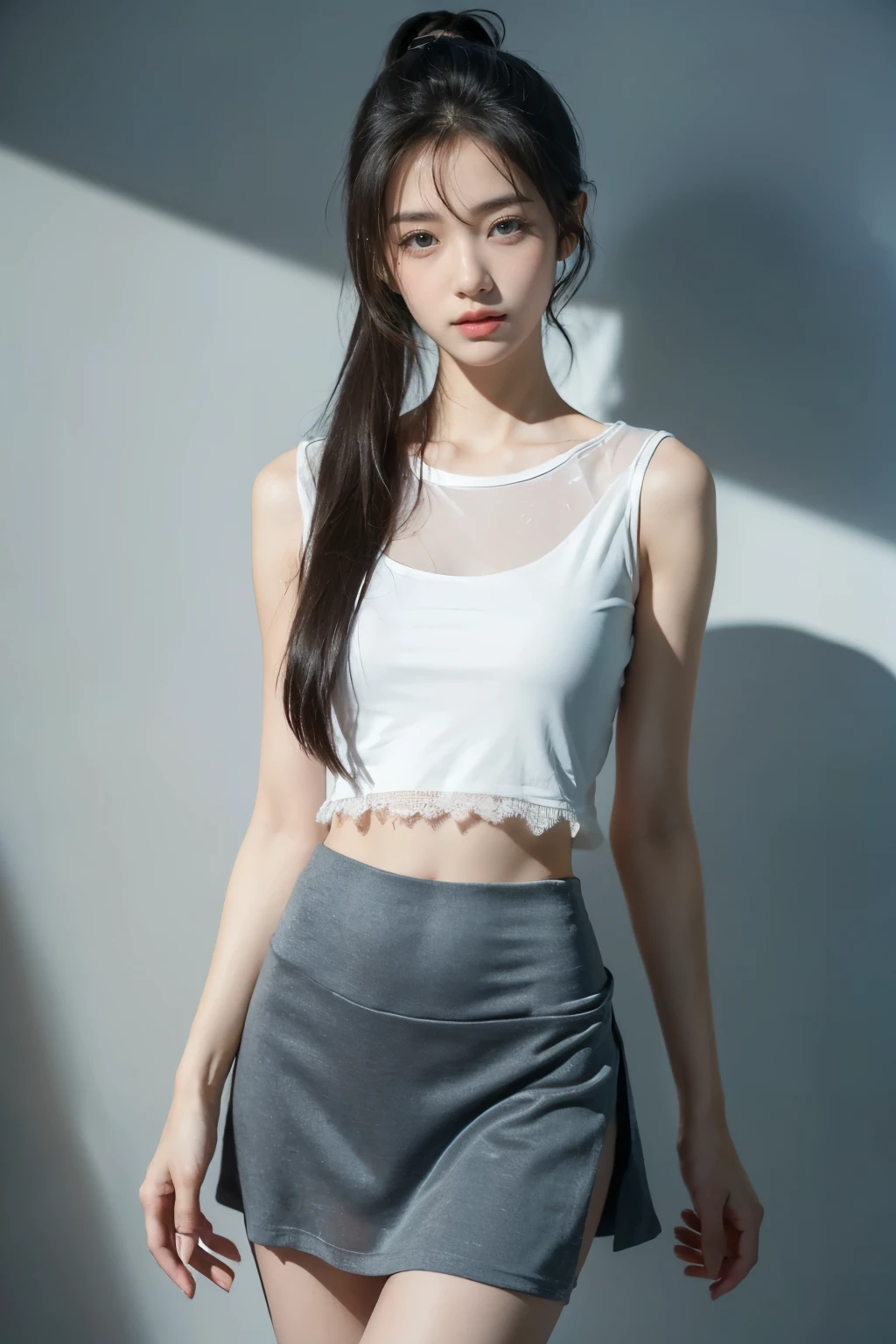 (Extremely detailed 8K wallpapers:1.2), (SFW:2), (A beautiful and delicate young lady:2), (wear:1.5), (White shirt:1), (gray dress:1), (high socks:1), (skirt:1.2), (transparent grey skirt:1), (crop top:1), (mini skirt:1), (grey skirt:1), (Ice skates:1), (Super detailed:1), (actual:1.37), (photoactual:1.37), (photo-actual:1.37),
This masterpiece showcases the stunning