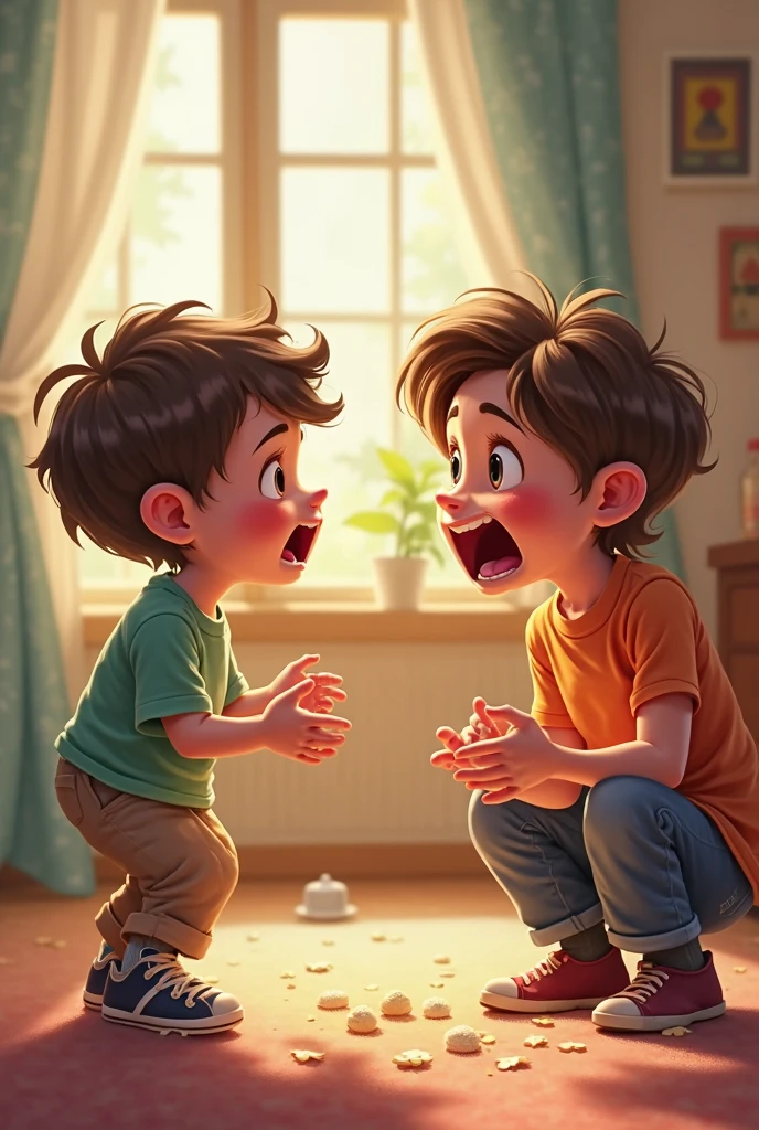 Situation: A child or arguing with a parent. The scene shows the child raising his voice or having a defiant posture (closed fists, Crossed arms) while an adult (the father or the mother) try to talk to him. Image for children