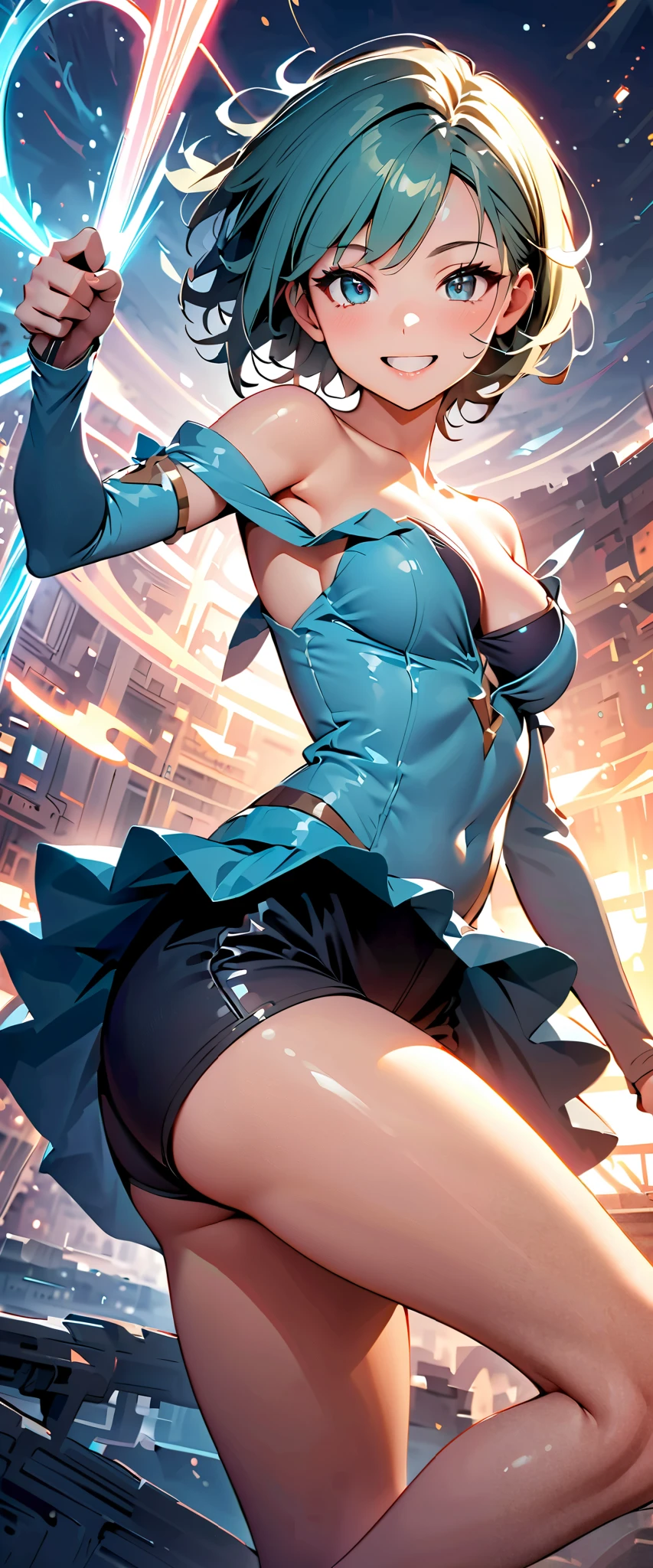 native america, garota, olhos amarelo, cabelo azul, folclore, dynamic pose attacking the viewer