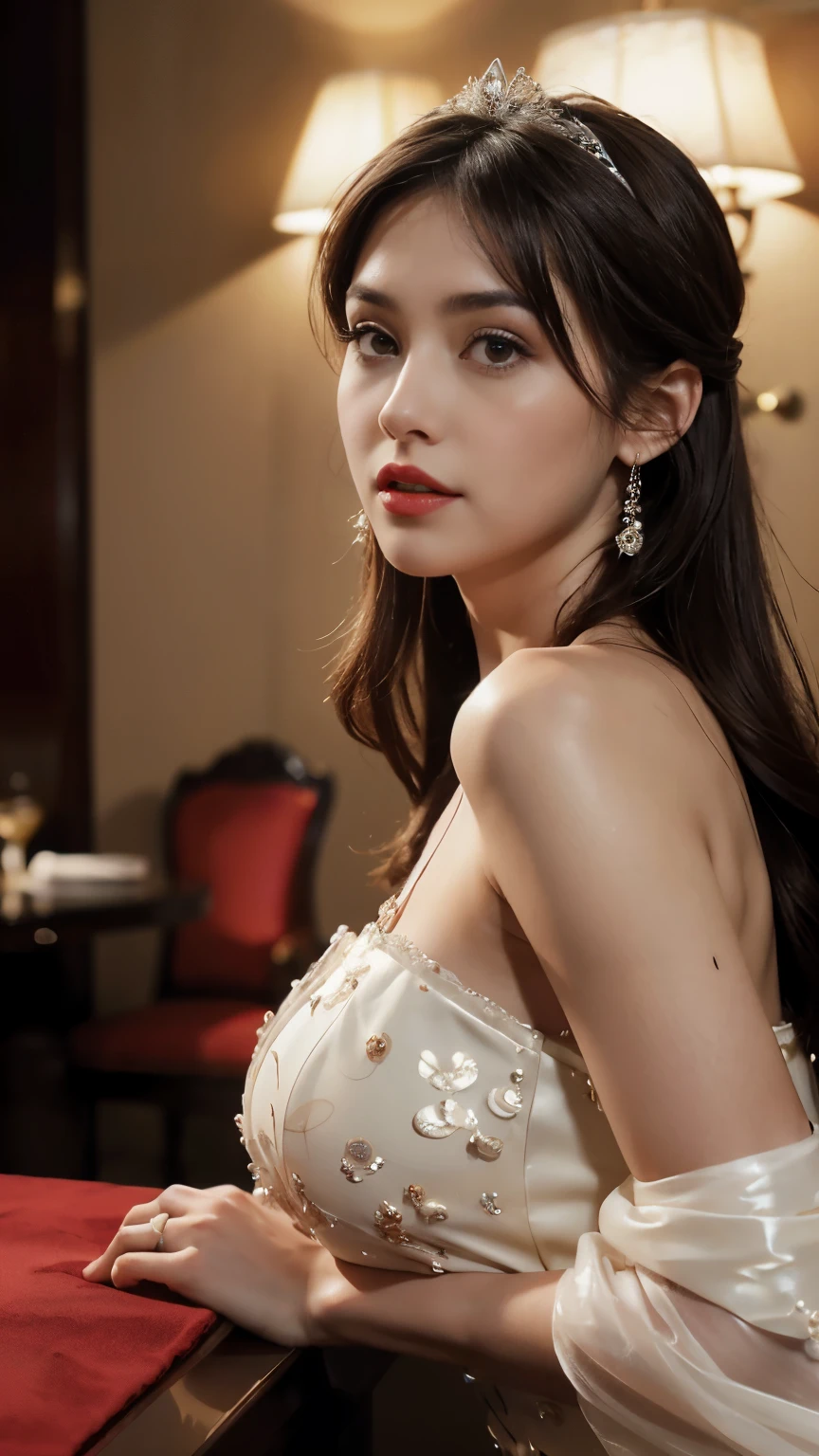 {{{masutepiece}}}, (26 year old young woman)、{Extremely delicate and beautiful}, (Solo:1.5), (Best Quality:1.2), (Ultra-high decomposition energy A, Photorealistic, Raw foto:1.4), 8K, Cinematic lighting, beautiful  lighting, Professional Lighting, physically-based renderingt, photon maping, Radio City, Detailed and Intricicated, Detail Face, High quality, nffsw (English) (English)、Wow big、Big big、(５０3)、Very big big、delicate and dense skin texture,,,,,,,,,,,,,,,,,,,,,,、Detailed red-black  、bright red lips、Crystal clear white skin、Detailed red-black areola、Delicate brown Ailfi long brown hair、Chubby body type、(Gorgeous and gorgeous  dress)、Gorgeous accessories、colorful headdress、(nocturnal(Skyscraper Hotel)what&#39;Stay inside?)、detailed huge 、