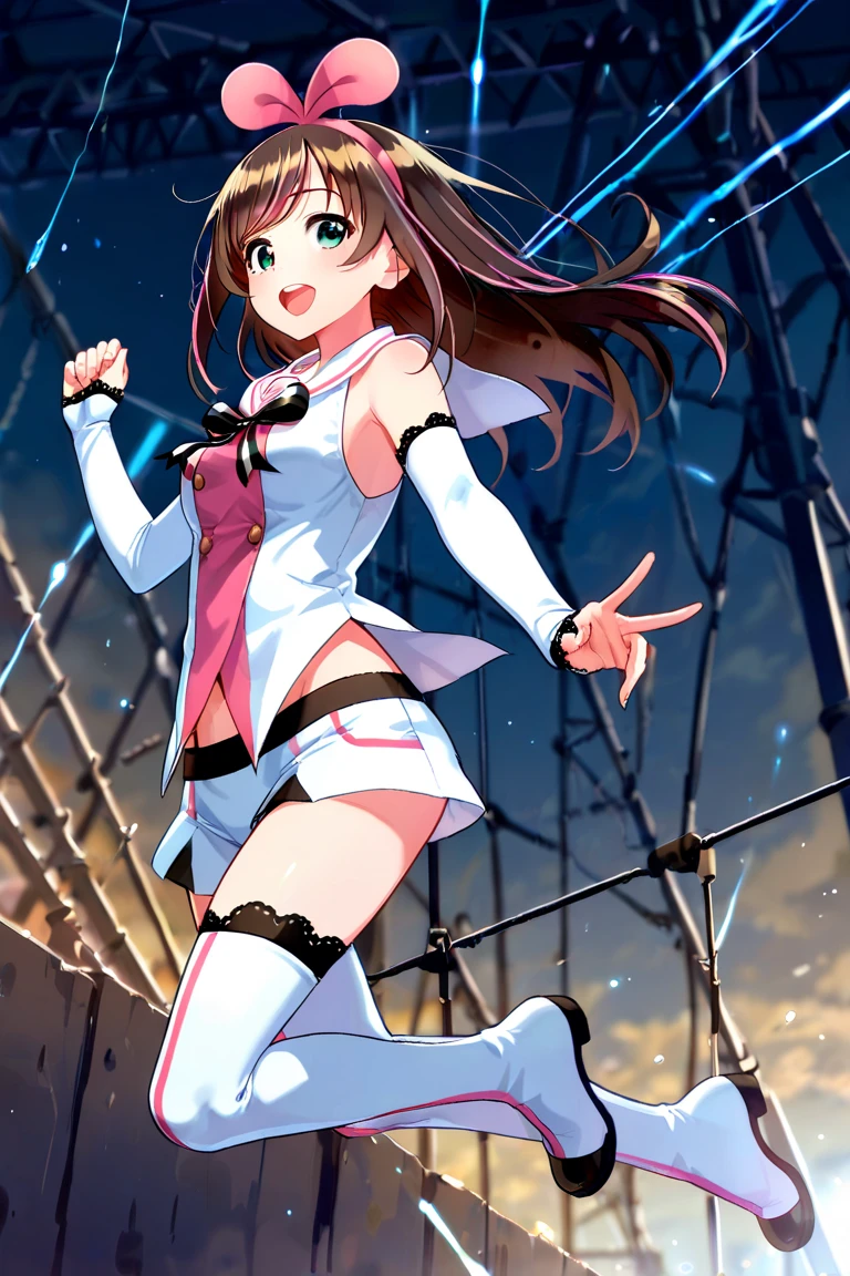 A woman, long brown hair [Wavy hair at the end of the hair,], blue eyes [bright pupils 1.5] break 
White shirt[with white shirt collar], Pink coquette jacket[Zipped up half way], Space blue short, Black gloves[short gloves,cover only the wrist and middle finger], Black tights, White legs warm,Blown boots [Short]. Break 
