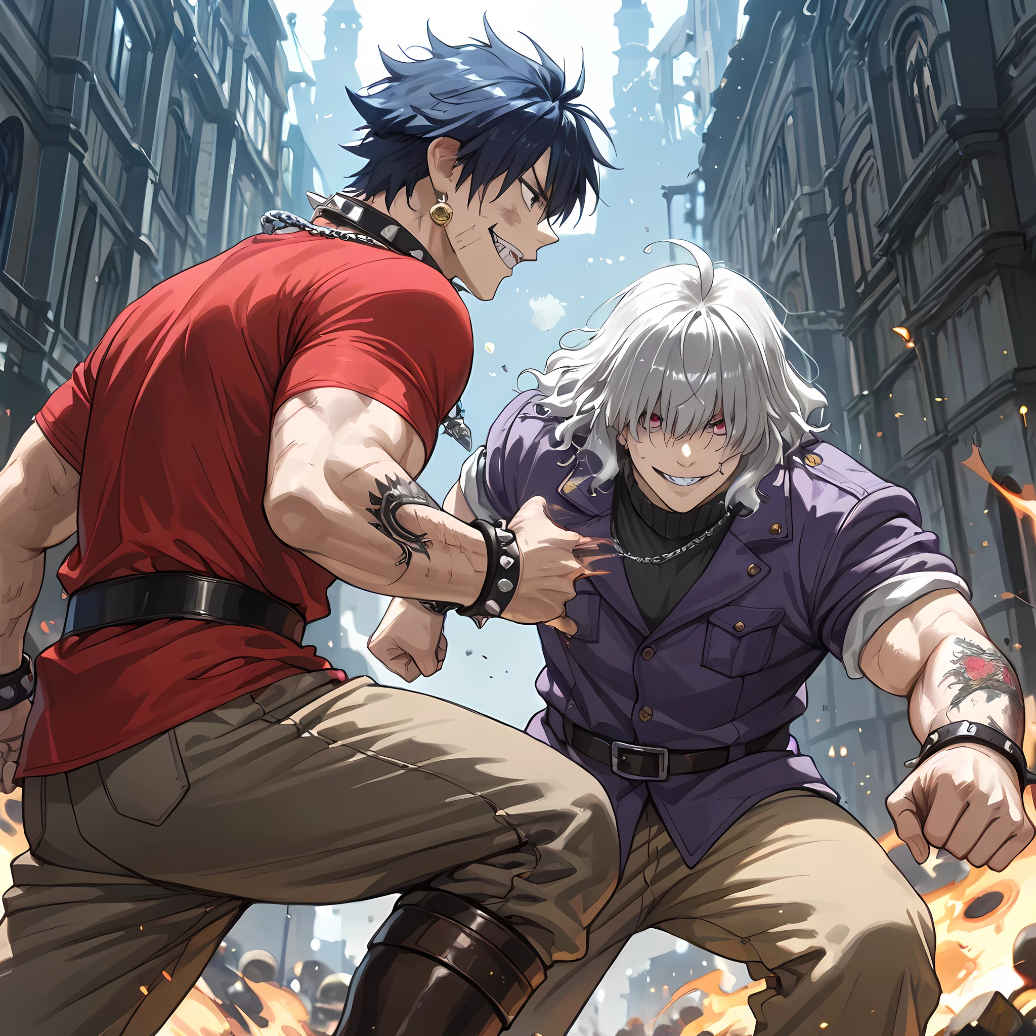 ((Ano Danchi no Tsuma-tachi wa... The animated anime style:1.4)), {man1}:(man1 similar to Gray Fullbuster, human ears, thirty-two-year-old man, wavy hair, strong-bodied man, developed physique:1.2, muscular body:1.2, purple jacket, gray turtleneck under the jacket, belt gold on the long pants, black army pants, silver chain stuck on the side of the pants, black leather boots, spiked bracelets on his arms, Scars on the arms, burn marks on the cheeks down to the middle of the neck, waning moon pendant earrings, short gray hair quite messy up to the height of the ears, hair covering eyes, purple-dyed hair tips, eyebrows in the form of gray flames, pink eyes, cabelo ahoge, heavy breathing, man1 with a crazy smile, sharp fangs, man1 so2 in front of him in a bloody fight, man1 moving forward with punches against man2, bats appearing around men, running down the lips, man1 facing the enemy head-on with a intimidating look), BREAK, {man2}:(man2 similar a Keisuke Baji, man with his back to the observer, developed physique:1.2, muscular body:1.2, red shirt worn squeezing his chest, long brown pants, man2 clenching his fists and in battle pose, brown leather boots, spiked collar, dark blue hair, Red Eyes, dragon tattoo on right arm, bronze bracelets, staring man1 head-on, exchanging powerful punches against man1, gasping and completely wounded by the bloody battle, moving towards 1) | ((man1 vs man2):1.4), ((better image quality, better sharpness, best saturation , best vibe, Better color balance , better shading , full HD, best quality of facial details, Fantasy anime style, Richly detailed scenery, best resolution, richness of scene details, lighting balance)), (side angle, characters of the same height, showna superior de uma casa, shown

