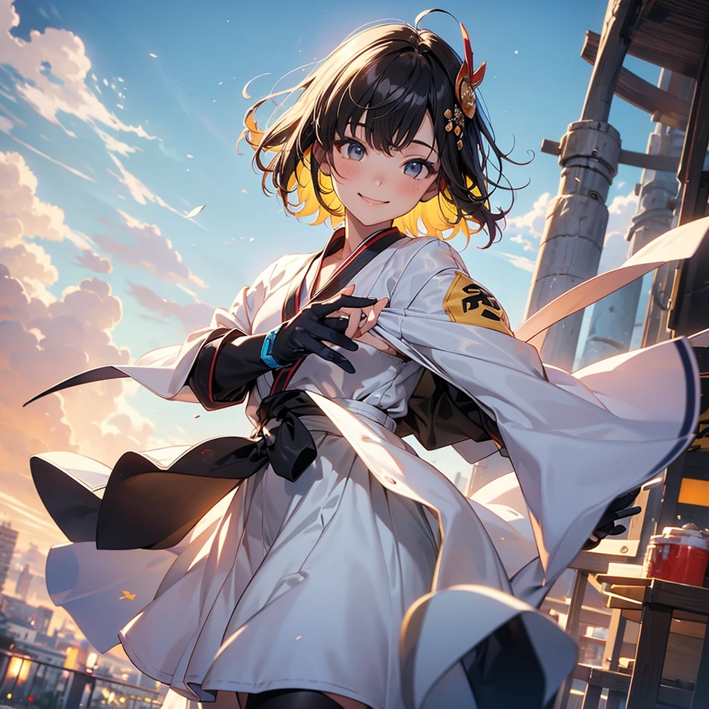 Ninjas are... cool and... fast.!the Edo period,God quality, anime moe artstyle,best anime 8k konachan wallpaper,badass anime 8k,perfect anatomy, (Please draw a picture of a ninja girl looking down on the Edo city from the roof.)from diagonally above,dutch angle,break, 1girl is ninja, (Solo,,child,13-year-old:1.3), androgynous charm, (Very Short hair, blunt bangs), Full limbs, complete fingers,flat chest, Small butt, groin, finely 8k detailed beautiful black eyes,
ninja costume, shorts, ninja scarf waving in the wind, stand on the rooft. break, I on a mission.。Sasasasa...。ultra-detailed,high resolution,super detailed skin, professional lighting, (cool illustration:1.2),