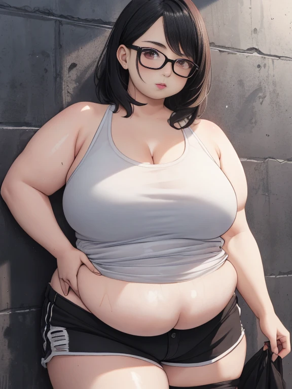 Short hair，wears glasses，Girl with thick fat chunky physique，schoolboy