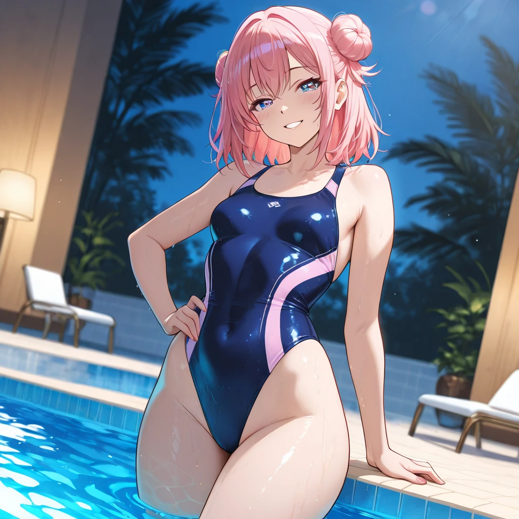 (top-quality:1.1), (masterpiece:1.4), (absurderes:1.0), portlate, a closeup, 1girl in、Momovelia Deviluk、hair adornments、bob cuts、Shorthair pink hair、a purple eye、Medium chest、((gymnastic suit))、looking at the viewers、Bedroom、(red blush:1.2)、embarassed expression、((Loose Socks))、on the beds、((buruma))、((Gymnastics))、((Sexy Bra))