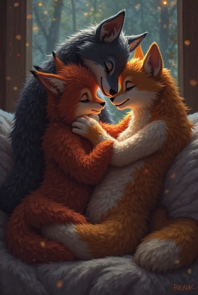 two Cute fox, A orange male fox and A white female fox have sex together in the forest, the female fox doesn't have penis, the male fox insert his penis into female fox pussy, the female fox moaning while getting fuck from the male fox, lying on the ground, Illustration, masterpiece, high quality, enjoy, happy, sun light, naked, cum, cum shot, genital liquids, love, penis inside pussy, the male fox fuck the female fox from top her, kissing, have sex together, duo, on top, Best quality fluffy, corner
