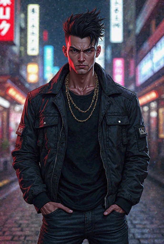 a rustic boy, 25 years old, shaved head, lightbrown eyes, male pose standing in a dark alley, mysterious lighting, Muscular Physique, looking at the camera, anger, jaket