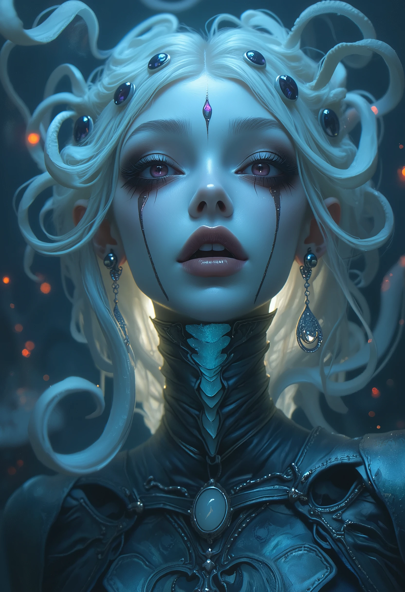 (4 iridescent eyes:1.5), four eyes, scary and sexy detailed art in color, Portrait, (beautiful and obscene female alien:1.4), (vulgarity1.7), (Translucent white skin:1.4), (There is a female genital-like organ in the middle of the forehead:2.3), (The most beautiful face in the history of the universe:1.2), an evil gaze that seduces, (sharp vampire teeth :1.0), Full body portrait, (bio luminescent:1.2),(Lots of translucent tentacles:1.8) , Neon Colored, in the deep sea, dramatic pose, four eyes,