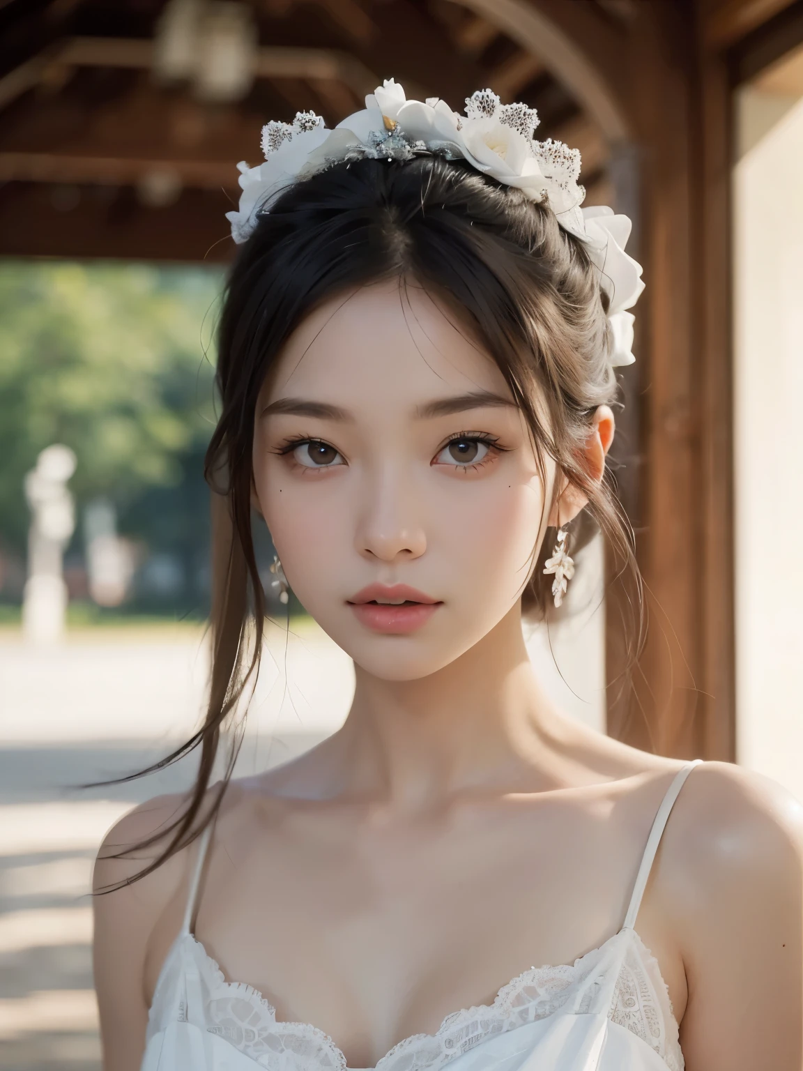 ((Pure beauty:0.8, Surreal:1.2)), White'meat:1.2, Bright Eyes:1.1), Sharp contrast and color:1.1, High surface:1.1, Picture quality:Ultra high quality:1.Otralates, High nose bridge, Dynamic angle, Clouds and seas, Garden in the foreground, Ray Tracing, lifelike, informal art, Unified 8K, masterpiece,best quality, radiant skin, movie lighting,