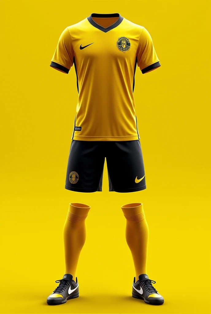 For a black soccer uniform with a design of a muscular man in yellow and black tones, You could consider the following:
shirt:
Color Base: negro.
design: A design with a muscular man in yellow and black tones, perhaps with a graphic style
Shorts:
Color Base: negro.
Details: They could have small accents in yellow to complement the design of the shirt.
socks: