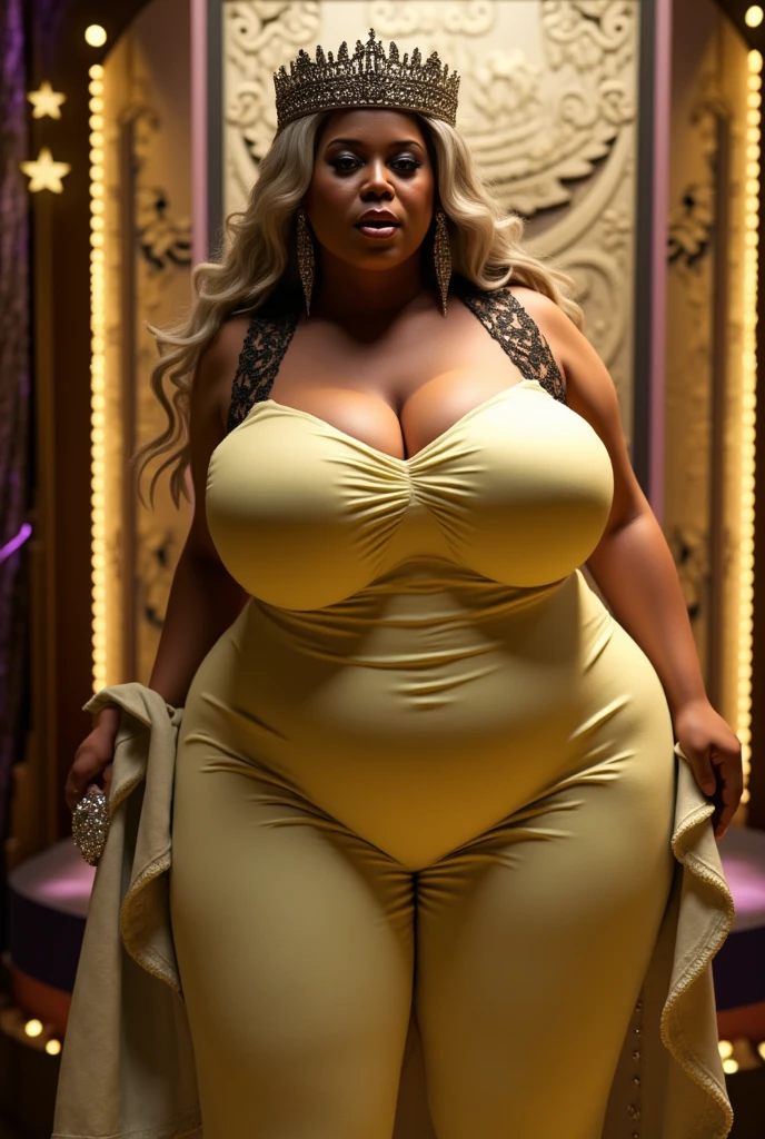 1 person,( Incredibly large and curvaceous hips), (Incredibly thick thighs), (Glowing Skin), (Wet oily skin), plus size model,Fat pregnant woman、Thick waist、Face of a middle-aged woman with a plump body、Beautiful expression、Big Belly、((Black Canary is on the rooftop of the city at night)), (Black Canary is wearing long stiletto boots), (She is wearing a short black leather jacket), ( She is wearing a black low-cut sleeveless swimsuit), (she is wearing fishnet stockings)), ((Black Canary Super Heroine DC Comics, Corendon Heroic Mind)), ((Black Canary's brave pose)), (She has a confident look on her face, Hmm、The Lost Vigilantes), ((ブラックカナリアはbiondeです, She has long hair)), ((Black Canary is wearing a thick metal necklace around her neck。)), Apply heavy makeup to the face. (Your clothes are immoral, Your clothes are vulgar)(first work, Better Quality) 1.5, 1 person Middle-aged woman, alone, (sexly, Beautiful middle-aged woman, Perfect Face, Perfect Eyes) whole body, ((bionde)). ((High resolution face)), ((Her skin is white, Her skin is white)), (A sadistic smile of temptation), (Curvaceous), ( Incredibly large and curvaceous hips), (Incredibly thick thighs), (Glowing Skin), (Wet oily skin), plus size model,Fat pregnant woman、Thick waist、Face of a middle-aged woman with a plump body、Beautiful expression、Big Belly、