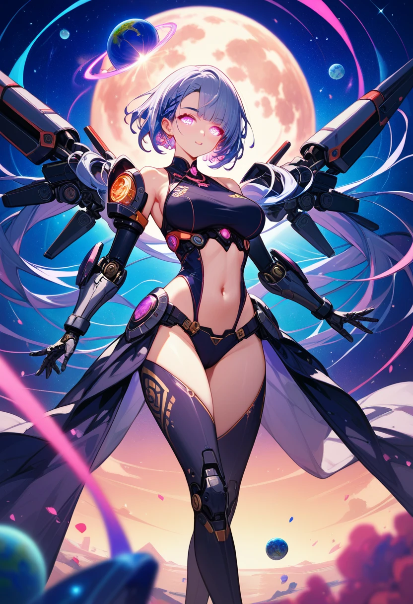 ,1girl,(teen:1.5), (short_ponytail:1.3), (light_whitish_purple_hair:1.3),black_mechanical_armor,white_breasts_parts_red_black_body_suit,bare_shoulder,bare_slender_thighs,medium_breasts,city_background,Stinging_eyes,sleepy,thighhigh_greaves,gauntlets,dynamic_posing,bare_frank,metal_red_parts_armor,red_eye,solo,
fists,hold_weapon,glare,navel,large_mechanical_parts,happy,waist_armor,open_mouth,rise_legs,apart_legs, (covered_navel:1.3),(very_long_bangs:1.3), (hair_over_one_eye:1.5),(long_bang_covers_right_half_of_face:1.5),
(covered_pussy:1.1),covered_breasts,fighting,