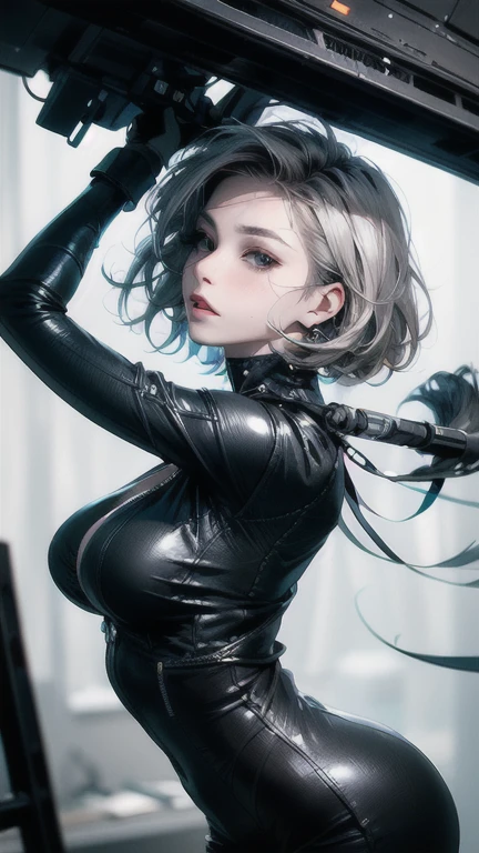 Anime style female character with a high-resolution depiction that is close to reality,
Simple and shy expression gracefully etched on her face,
A modest smile curling her lips, silver bob cut hair cascading down her shoulders,
Her bangs long on one side, covering her eyes and giving off a multi-dimensional glow to her pale grey eyes,
Long, lush eyelashes shielding her gaze, donning a sheer black leather bodysuit that accentuates the curves of her body,
Topless, the bodysuit revealing a luxurious texture, intricately cut and adorned with delicate lace details in each section,
Her slender fingers softly touching her face