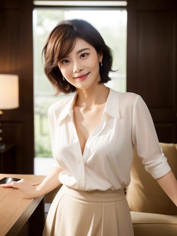 Browsing Caution, Highest quality, Realistic, Surreal, Super Fine, Highly detailed CG, Very delicate and beautiful, 8k wallpaper, High resolution, Modern city hotel lobby, (Dim lighting), Single women, 37 years old, ((whole body)), ((Stand facing us)), (White blouse), (Long skirt), (Red High Heels), Straight medium hair, smile, Thin lips, slim, Big Breasts, (Highly detailed face), (Ultra-detailed facial expressions)、The cleavage is visible