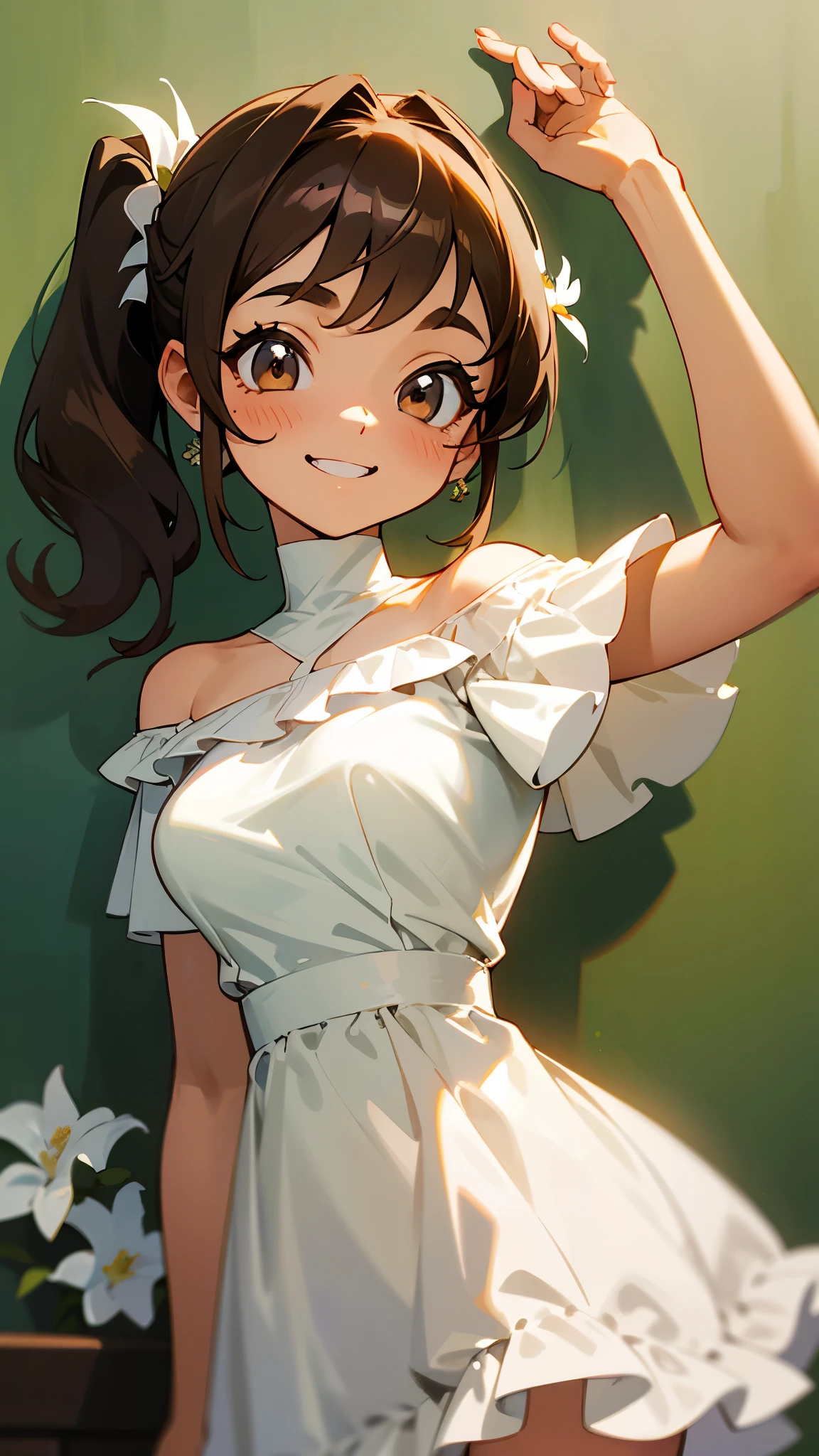 Masterpiece、top quality、high resolution、one girl、 solo、big eyes、Dark brown eyes、light brown hair、side ponytail on the wall:1.3、 Big Rich Breasts 、stupid hair、plain white off shoulder dress:1.3、Short sleeve、 frill、white flower on light background、grin、Smooth shoulders、oily skin