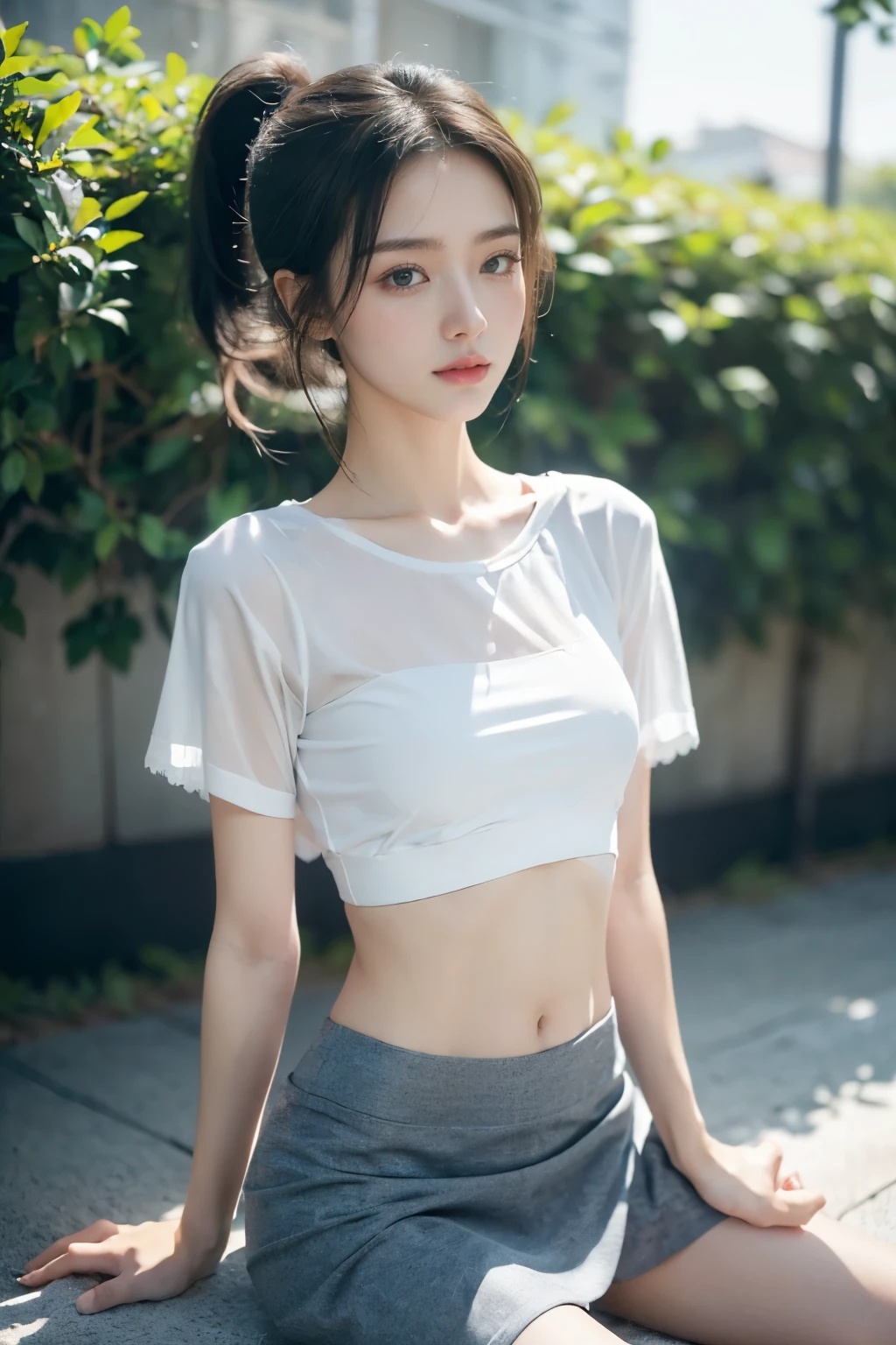 (((best quality))),(((ultra detailed))),(((masterpiece))),illustration,((1 beautiful girl,solo)),((slim,thin)),((small breasts,flat chest)), outside school gate, summer twilight, sunlight,(short ponytail:1.3),((white short-sleeved shirt)),((clavicalis,navel)),((navy blue sports shorts,slender legs)),animated face, excited eyes, sounds of laughter, chatter, excitement of summer vacation, air filled with energy, school gate golden glow, symbol of end of academic year, schoolyard transformed, reunion, farewells, embracing setting sun, face illuminated, moment captured, fleeting instant, essence of summer, carefree spirit, youthful exuberance, embodiment of season, sun dips, rosy glow, joy of living,promise of adventures,((standing,from front,upper body)),(surrounded by crowded crowds:1.3)