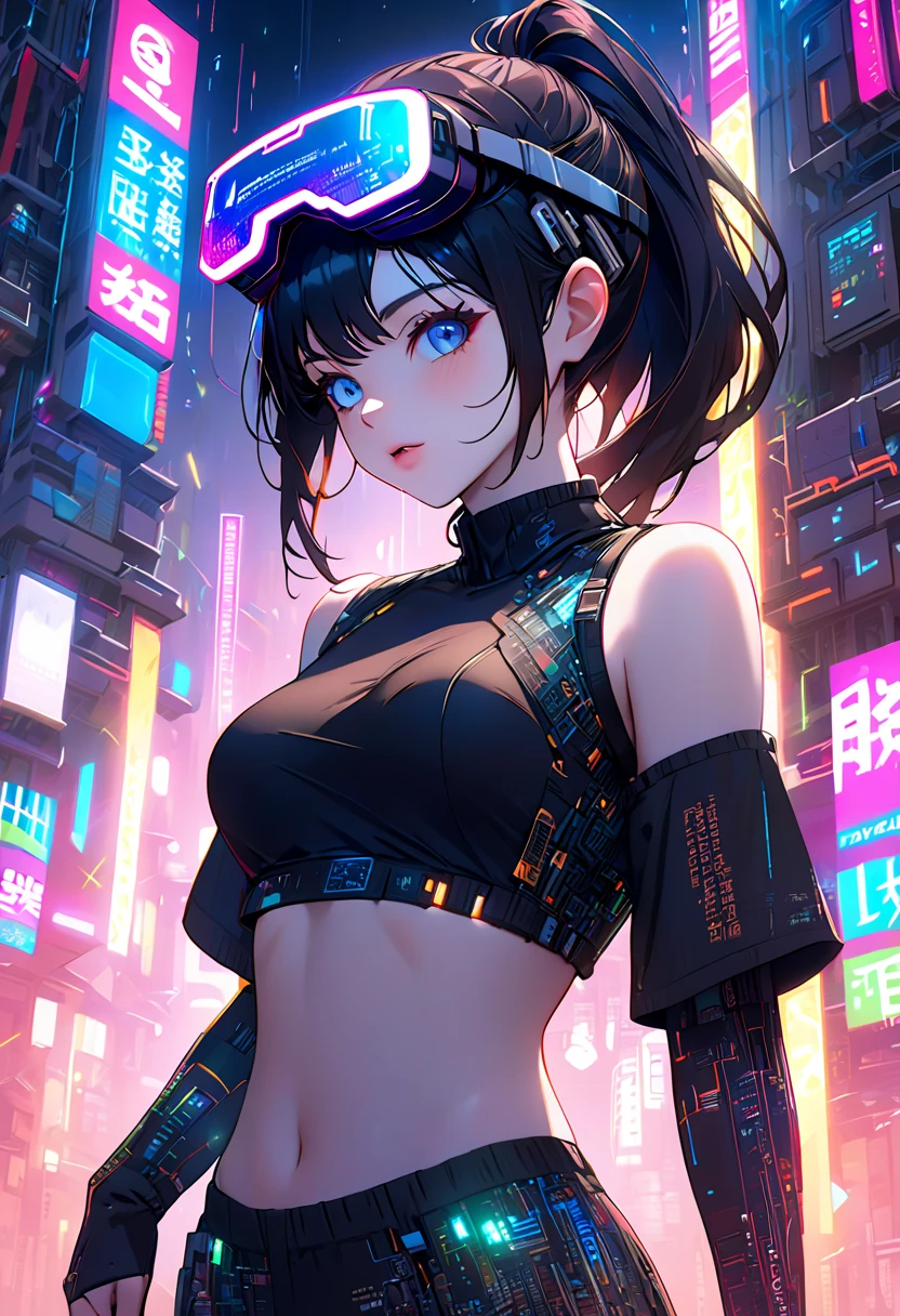 (Masterpiece, fine detailed beautiful eyes: 1.2),  Black hair, Black tank top, cleavage，Frontal photo，closeup cleavage，Suspenders，The shoulder straps slip off，voluminetric lighting,, glowing headphones, Cyberpunk, Futuristic, Detailed eyes, ultra - detailed,Light smile, Highly detailed,  Ultra detailed, Best quality, Intricate, hyper photorealism, Sharp, Digital illustration, Detailed, Realism, Intricate, 8K, trending on artstationh, Good anatomy, Beautiful lighting, Award-winning, Photorealistic, Realistic shadows, Realistic lighting, Beautiful lighting, Ray traching, Intricate details, Moody, Rule of thirds, Masterpiece, (illustration:1.1), A high resolution, (Extremely detailed CG, Unity, 8K wallpaper:1.1), Beautiful face, Highly detailed face, Ultra photo realsisim, Masterpiece, Bokeh, Extremely detailed, Intricate, zoomout, Colorful, Vibrant colors, Red nail polish, street corner