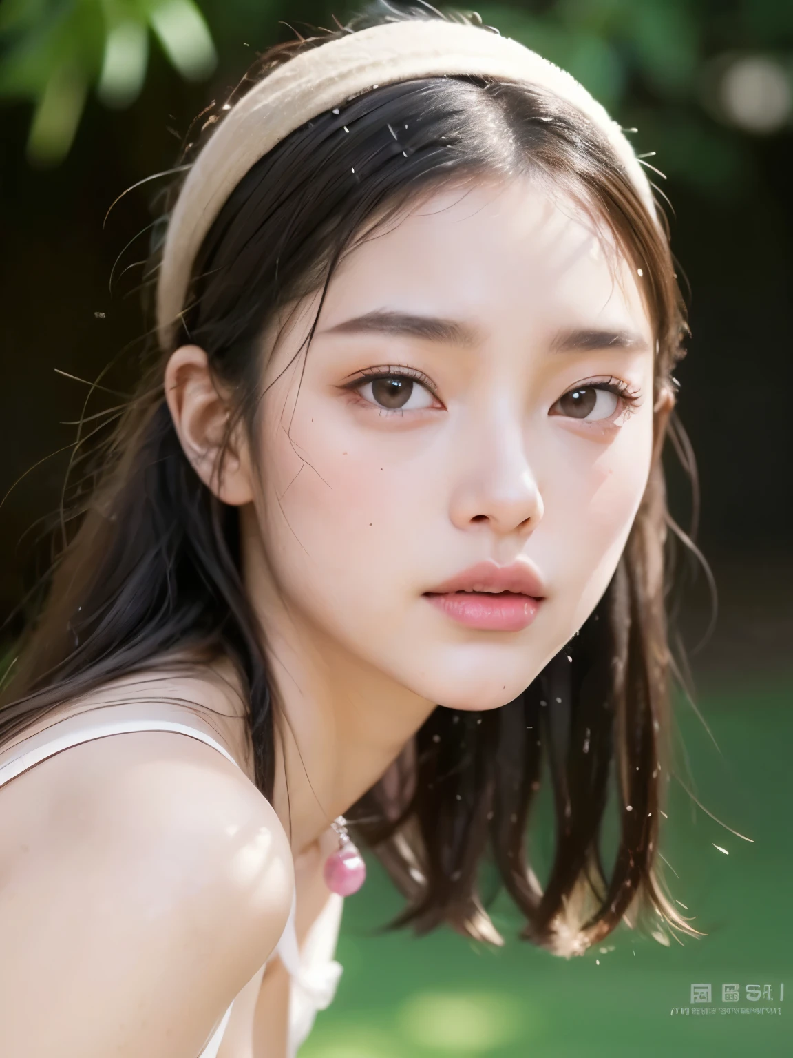 Kim Jennie with black hair, with curlers at the ends, Brown eyes, beautiful eyes, crying eyes, beautiful, splash your nose, watery nose, beautiful lips, pink lips, heart and cupid shaped lip, beautiful skin, pale white skin, with moles and freckles all over his face, soft pink blush on cheeks, soft pink makeup, Nice neck, marked collar, tender look, with a kiss necklace, while wearing a corset, corset blanco, beautiful corset, as long as you have a slim and beautiful abdomen, while wearing underwear, tiny underwear with white corset, (big breasts, soft breasts, beautifuls pechos), while doing a sexy pose, village, looking to the camera