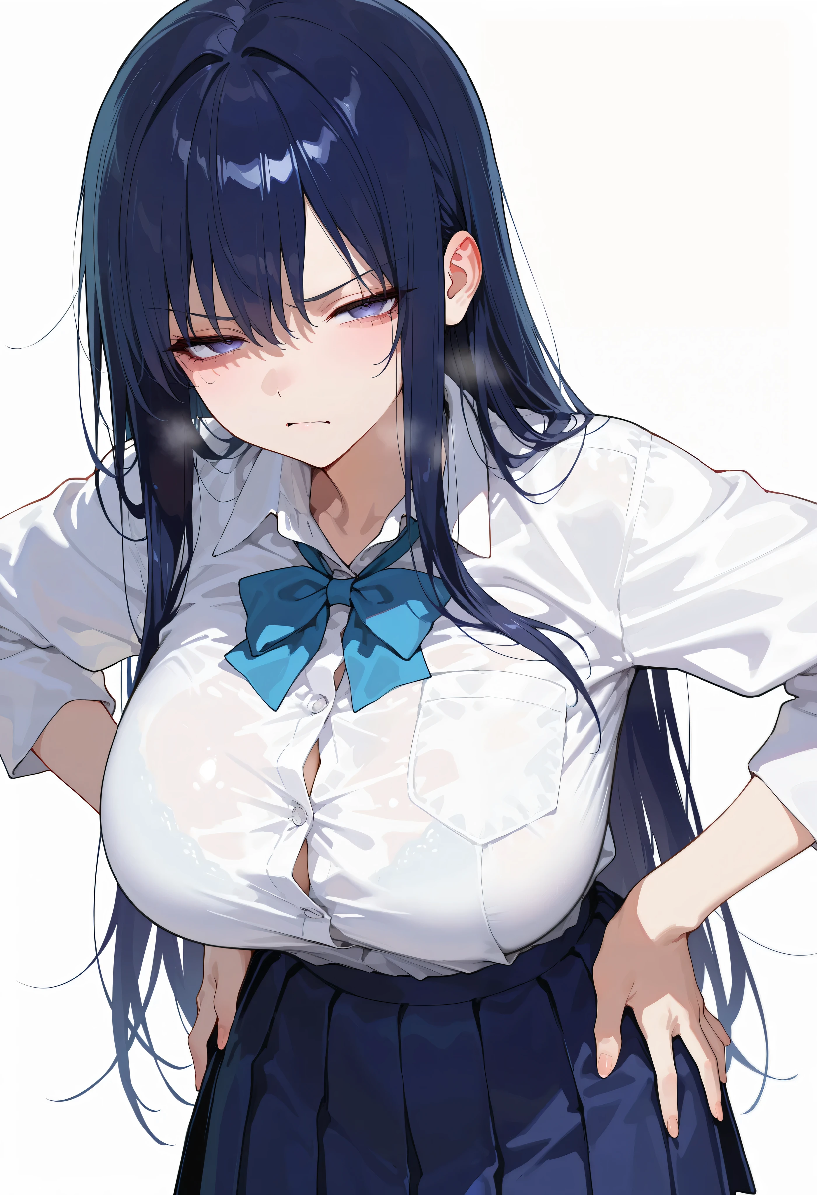748cmstyle, masterpiece, best quality, amazing quality, anime screencap, 1girl, grinning, (dark blue hair, long hair), (cold stare, annoyed expression), (break half closed eyes, detailed eyes), (huge long breasts), (school uniform: white shirt tucked into pleated blue skirt, matching blue ribbon around neck), standing, hands on hips, subtle lean forward, slight hip tilt, looking at viewer, sharp gaze, white simple background