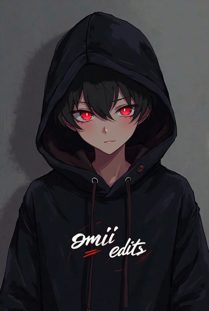 A stunning anime type picture,black hoodie,a boy,red eyes,omiii edits also written on it