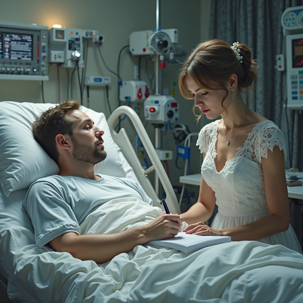 Generator a image of a man who sit 🪑 on stretch in hospital and covered by blanket and his child from right side and that man's wife, from left side huge him, make a realistic picture