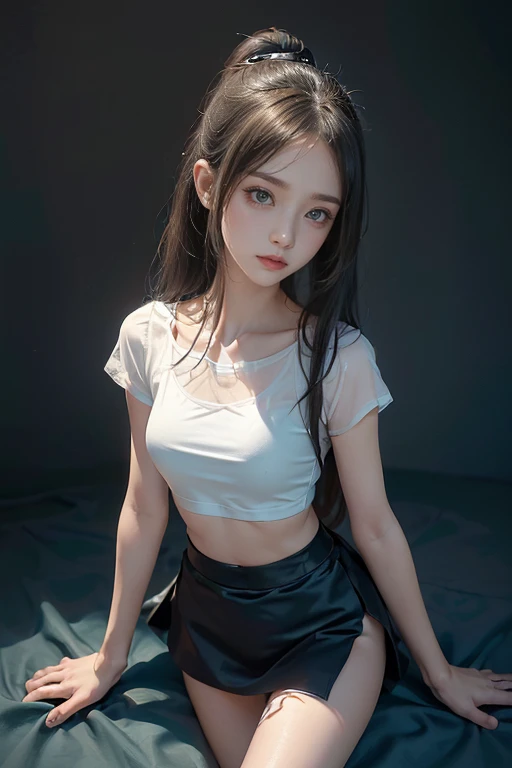 A Japanese girl, with long, black hair that reaches her waist, she has bangs. Her name is Tsuki. His eyes are red and underneath there is a mole above his cheekbone.. Her height and weight are proportionate for a young woman. Under the moonlight.