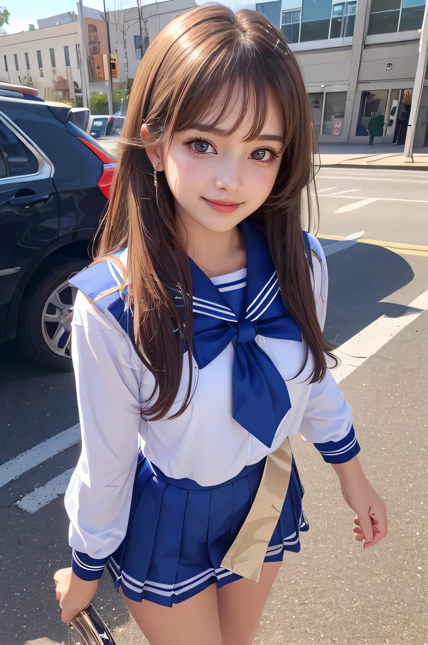 (super cute young face:1.3),(Very beautiful cute girl),(baby face),(sparking clear attractive large eyes:1.2), Beautiful detailed eyes, Detailed double eyelids, smiling, (realistic photograph:1.1), in the street,
(super shiny metallic blue sailor high school uniform:1.4),(super shiny blue pleated skirt :1.1),
(brown hair:1.2),professional portrait ,costume with very smooth and strong reflective surfaces