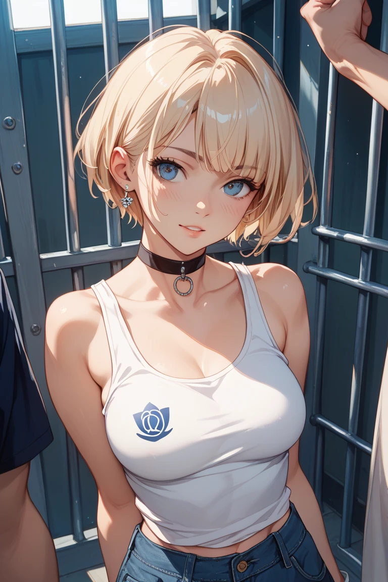 ((20-year-old woman,Blonde short bob hair,She is walking through an huge chain link fence in the Uneasy atmosphere world)),inside the monochrome world,There are monsters in the chain link fence,Uneasy atmosphere.