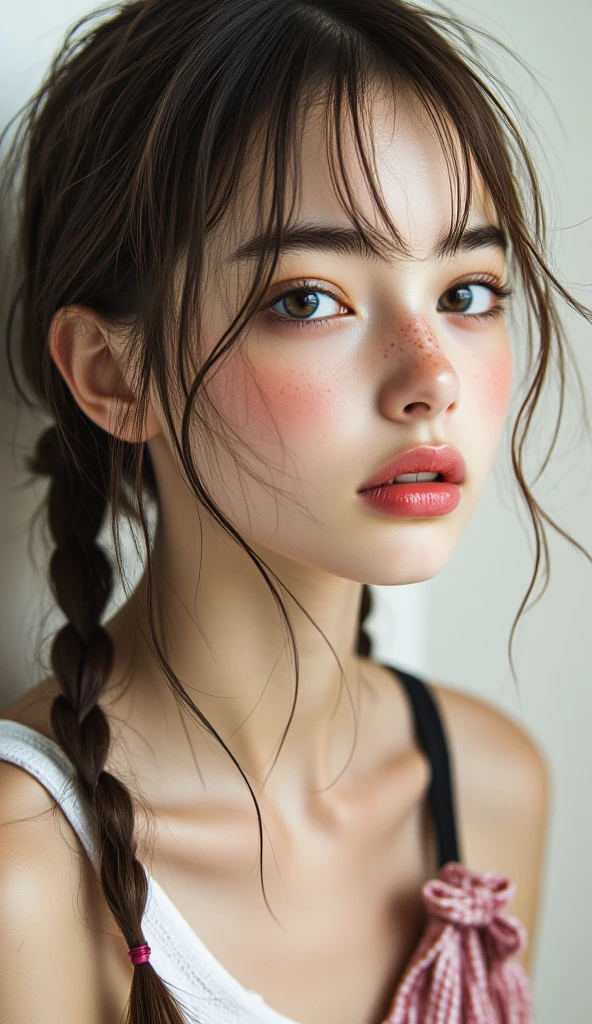 Amazing portrait of a sexy woman with her hair in a single braid having a long forehead with seductive eyes and her lips parted smiling with the deepest blush wearing an off shoulder t shirt and short shorts lying on the bed being very seductive and aroused