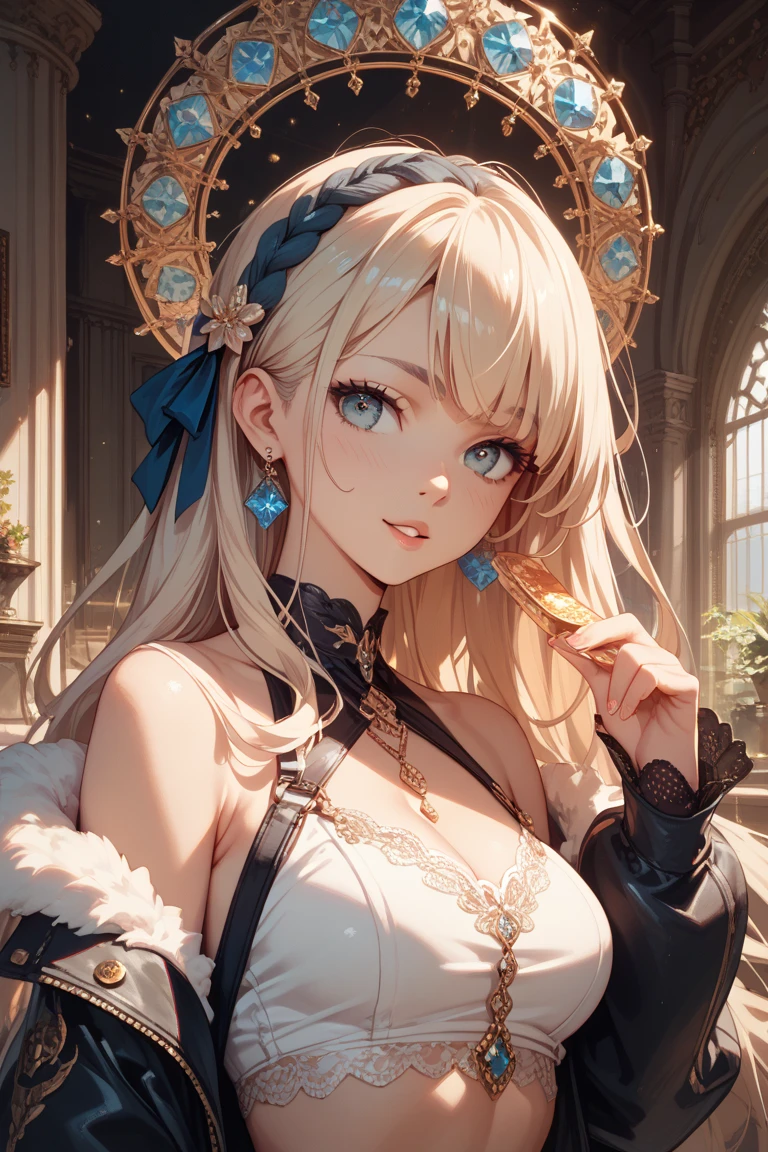 high resolution, Masterpiece, Anatomically correct, precise, qualityที่ดีที่สุด, quality, 1 woman, Age 20 years, very long hair, platinum blonde hair, marine eyes, Unique hairstyles, big breasts, earring, Dark makeup, A cold expression., simple background, Close-up photography, decorations, Anime style , royality , princress ,cute 