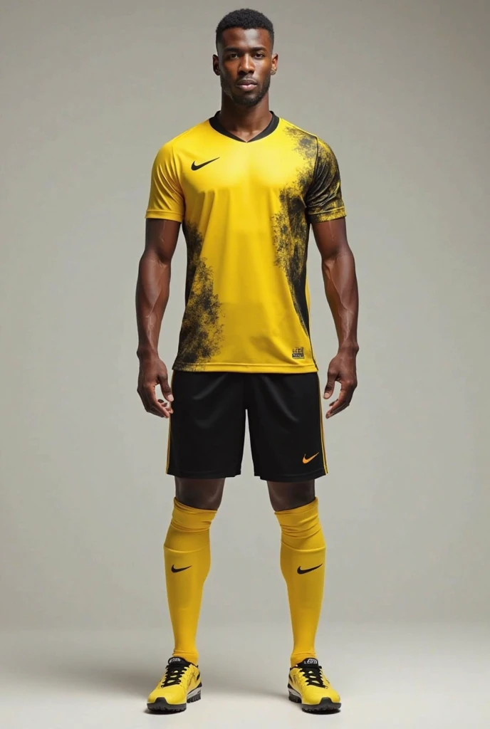 Create a football team kit that has the colors yellow and black, I want it to be a warlike style but at the same time modern with many interesting details