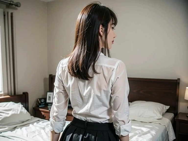 Kidnapped Woman、His hands are tied、((Place your hands behind your back))、((Place your hands together and cross them behind your back))、(((Her wrists are tied with rope、shibari)))、Beauty、20age、university student、(anatomicaly, Has two arms and two hands)、In a hotel room with the lights on、Stand by the window、Outside the window is the night sky、There are many stars、Wearing a short-sleeved blouse、Wear a skirt、Uniform eyes、Proportioned proportions、Model body type、Small breasts、Small face、(I can see from head to heel), Black Hair, bangs, swept bangs, Straight hair, Nervous, Messy Hair, Floating hair, Cinema Lighting, tachi-e, First-person view, throw, From behind, F/1.2, Nikon, Surrealism, 超High resolution, Highest quality, High resolution, 8k, Textured skin, anatomicaly正しい体,