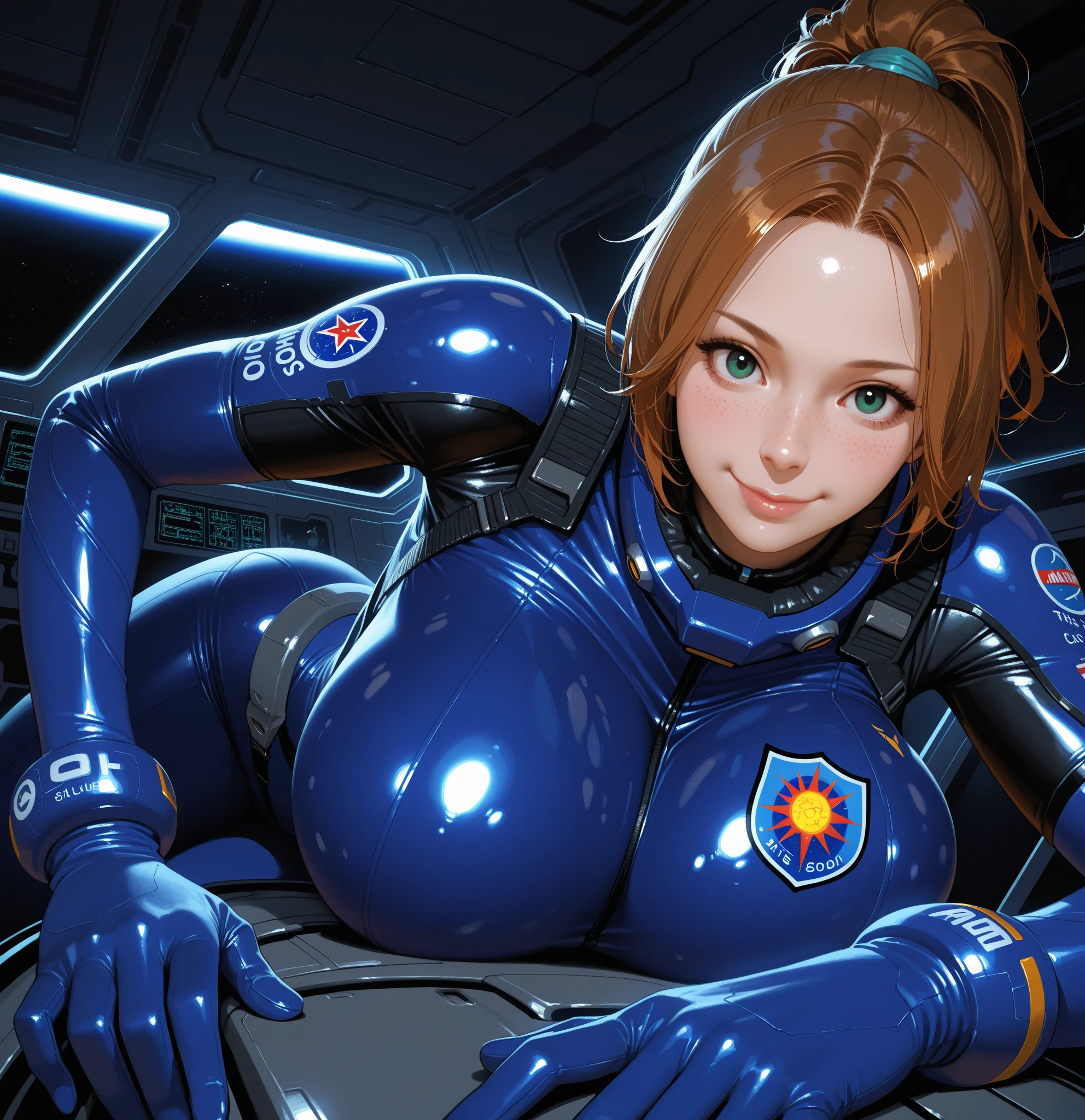 rezin schnyder,mature female,perfect hands, perfect finger,perfect anatomy, masterpiece, best quality,realistic, hyperrealistic, 16k hdr,(blue flight suit:1.2),gundamwingcockpit,large breasts,from below,sitting,spread legs,brown short hair,open zipper,navel,,no bra,cleavage,necklace,sweat,purple lip,(orgasm:1.3),red blush,open mouth,erected nipples,drooling,(wet crotch:1.4),from below,crotch focus